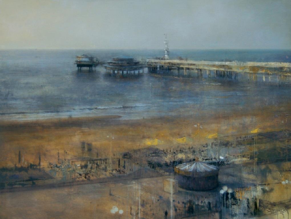 Candace Charlton Figurative Painting - De Pier van Scheveningen Oil Painting on Canvas Landscape Beach Sea In Stock 