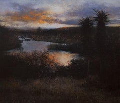 Lang Elsies Mirror Peinture à l'huile sur toile Paysage Ciel Etang Nature En stock