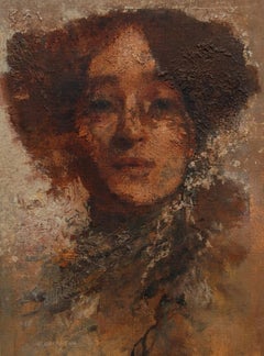 Valeria Oil Painting and Gold Leaf on Claire Fontaine Paper Portrait In Stock 