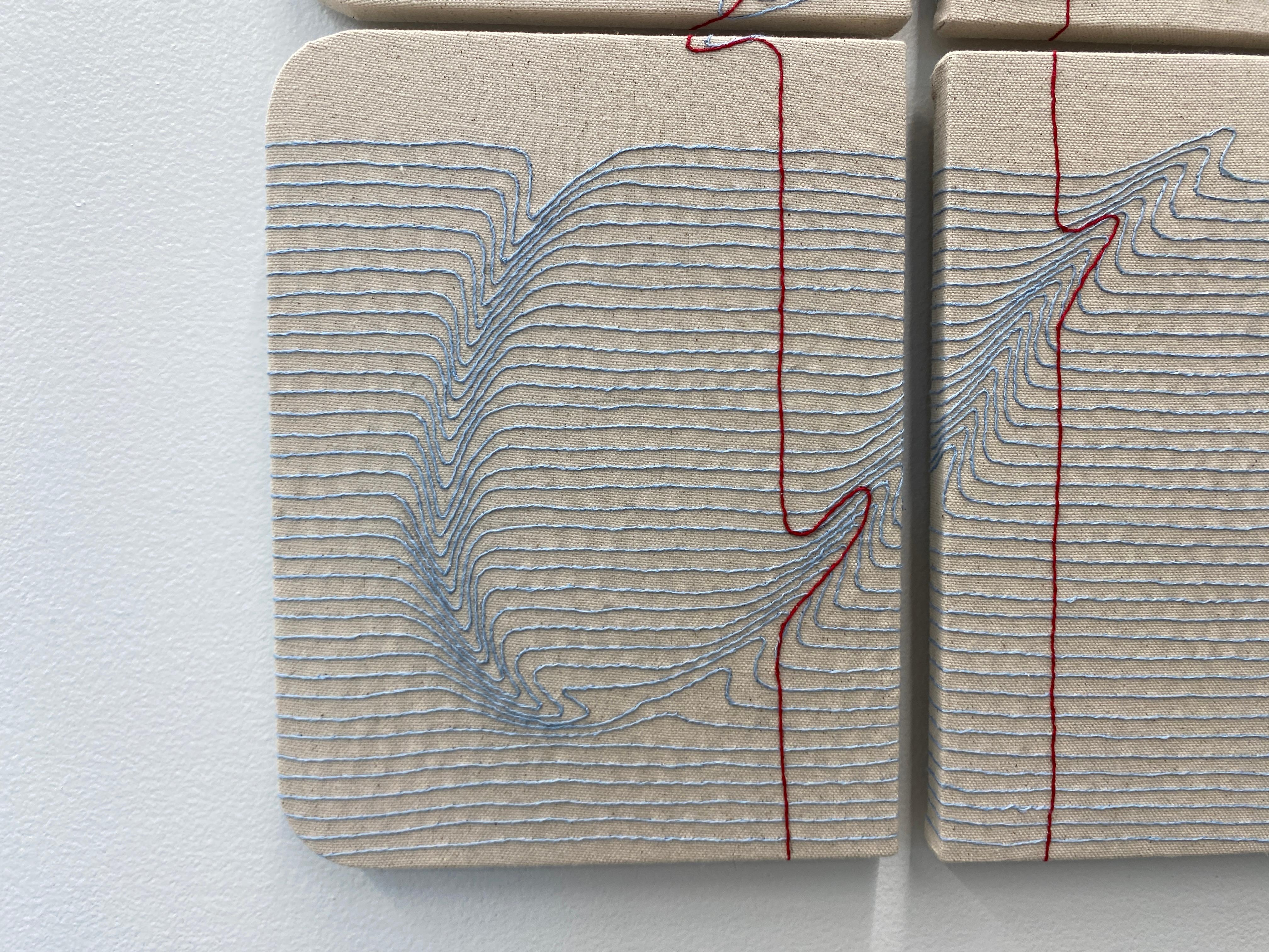 Notes for String Theory 11272022 by Candace Hicks consists of an arrangement of four hand-embroidered canvas panels. Part of a larger series of work, Notes for String Theory focuses on literary coincidence and Hicks’ fascination with the phenomenon