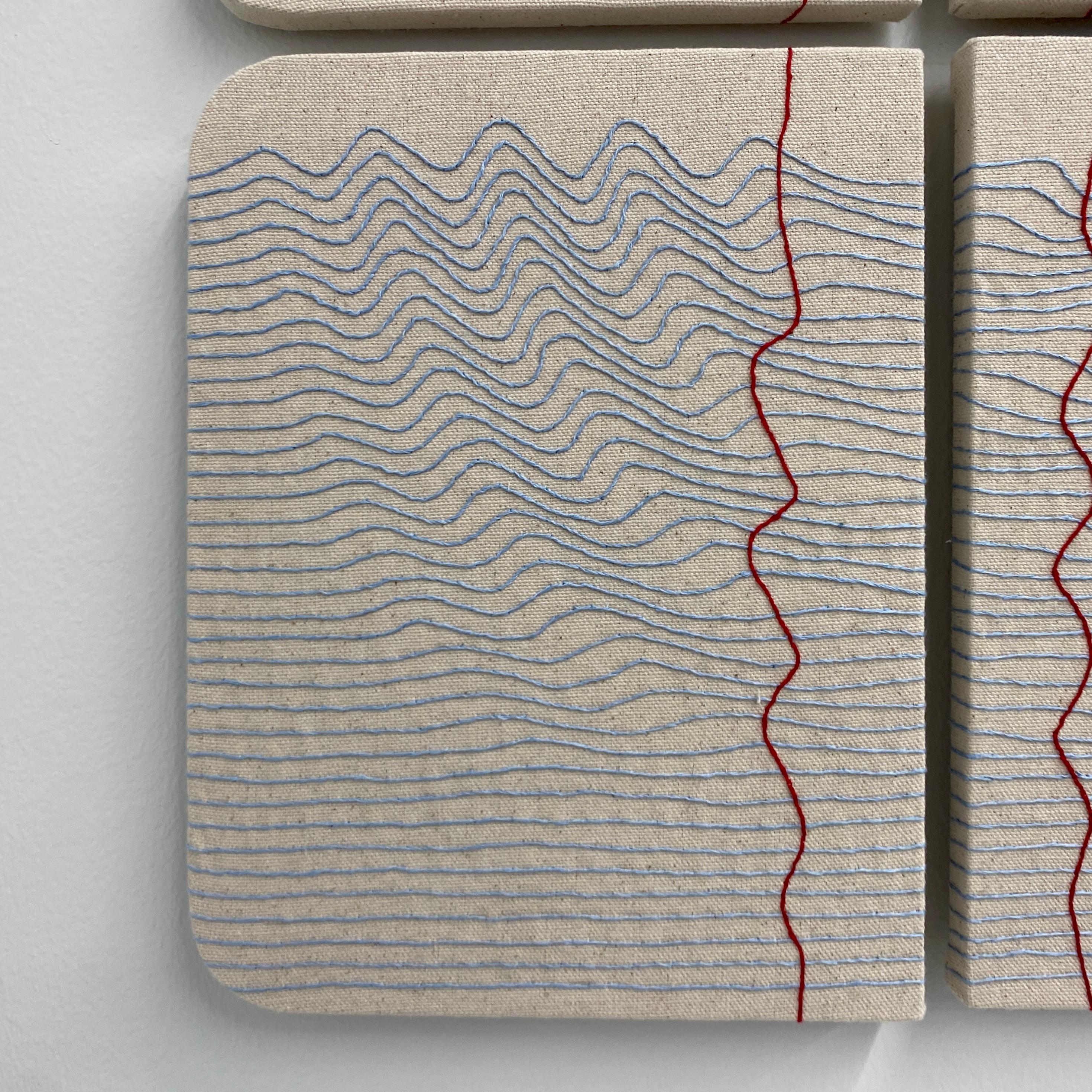 Notes for String Theory 12062022 by Candace Hicks consists of an arrangement of four hand-embroidered canvas panels. Part of a larger series of work, Notes for String Theory focuses on literary coincidence and Hicks’ fascination with the phenomenon