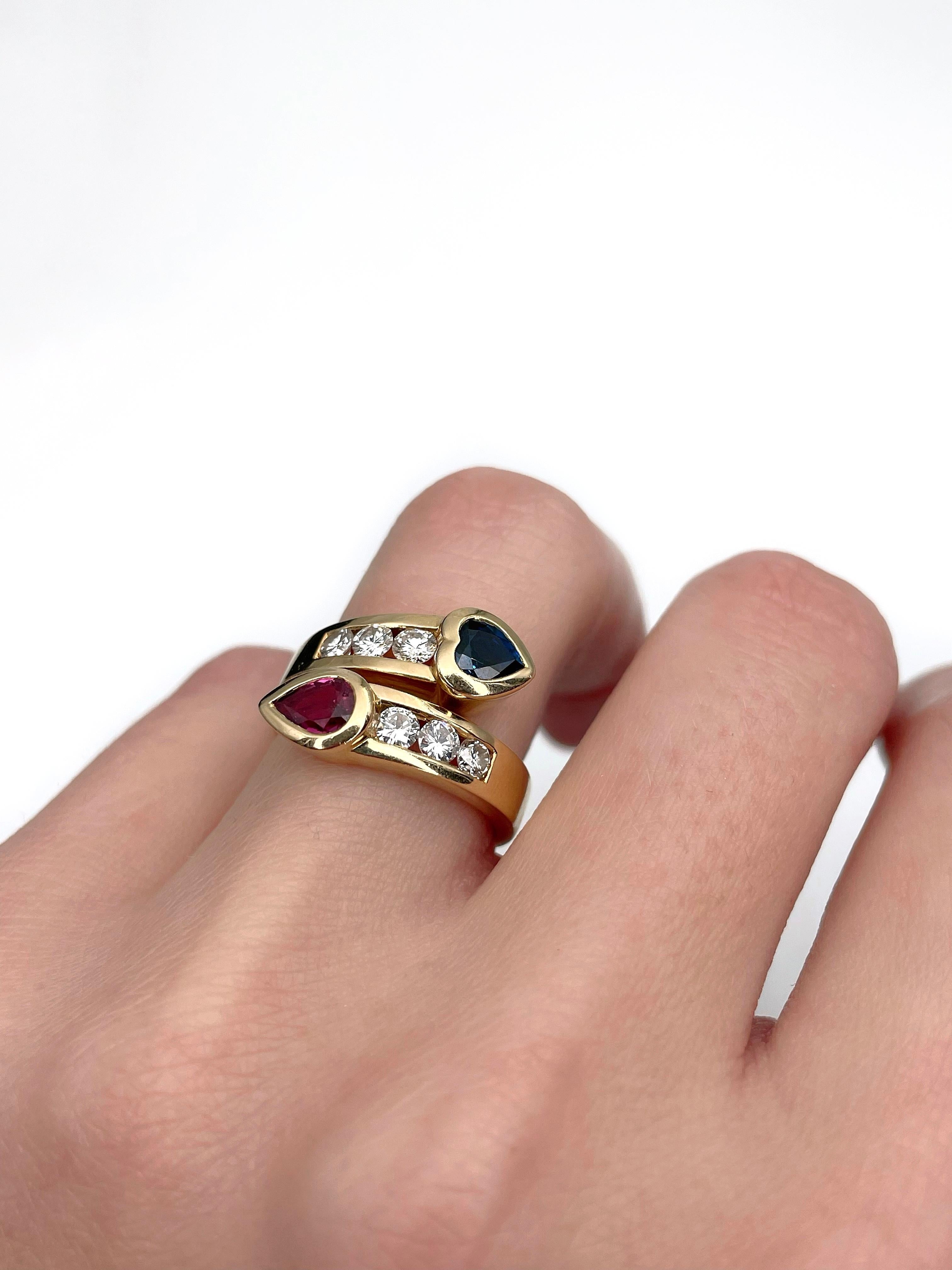 Mixed Cut Candame 18 Karat Gold Sapphire Ruby Diamond Modern Design Toi Et Moi Ring For Sale