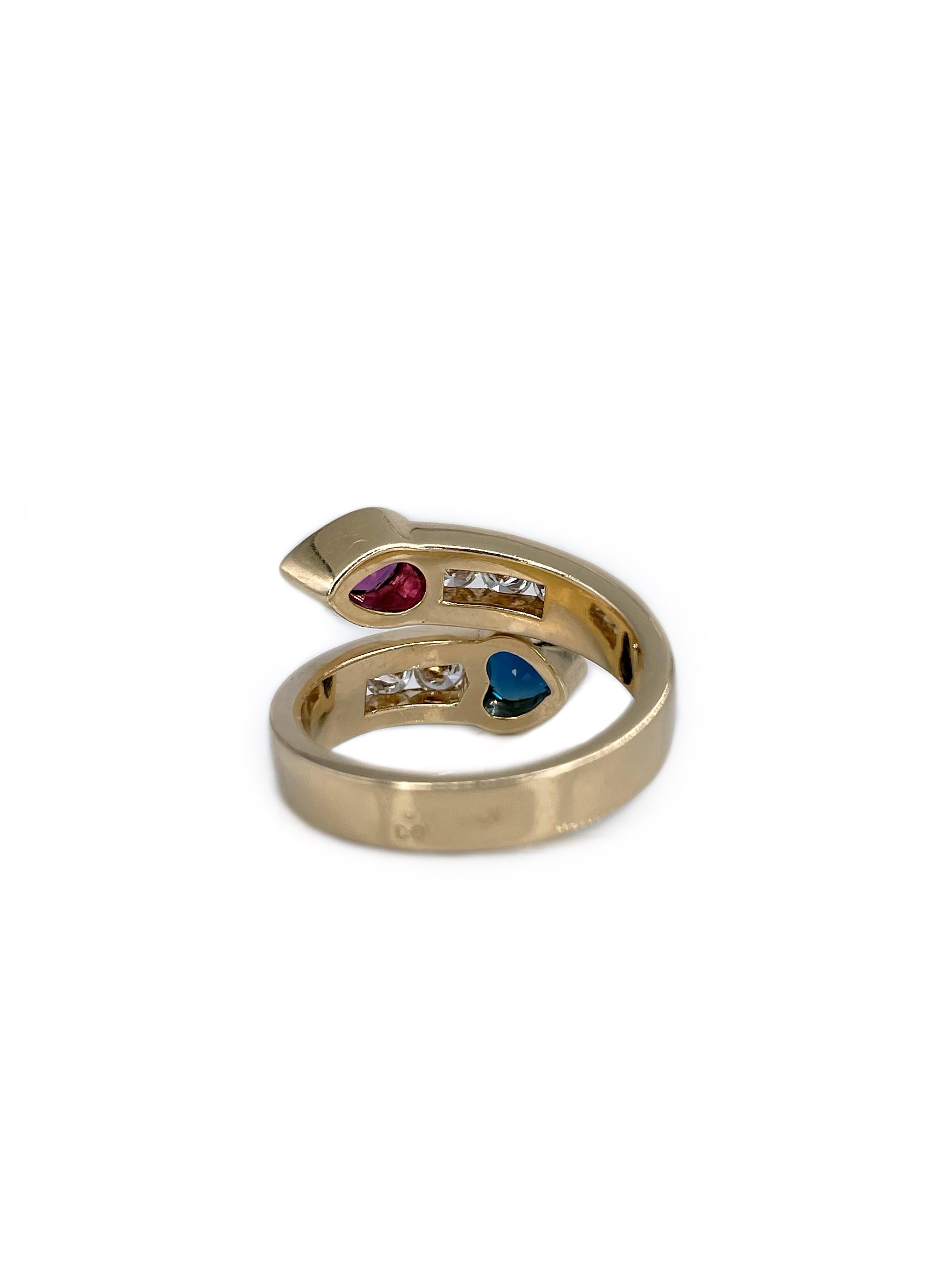 Women's Candame 18 Karat Gold Sapphire Ruby Diamond Modern Design Toi Et Moi Ring For Sale