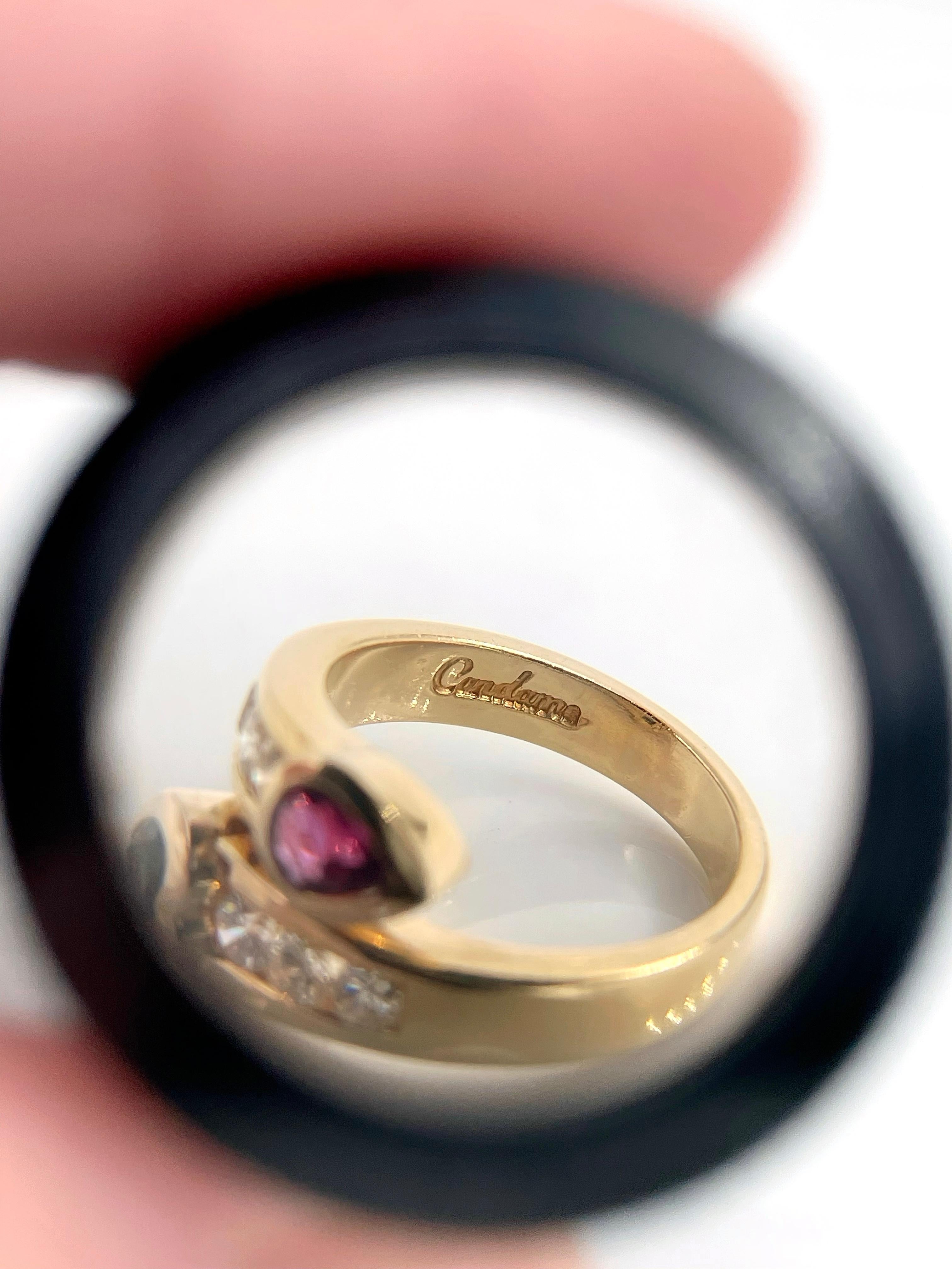 Candame 18 Karat Gold Sapphire Ruby Diamond Modern Design Toi Et Moi Ring For Sale 2