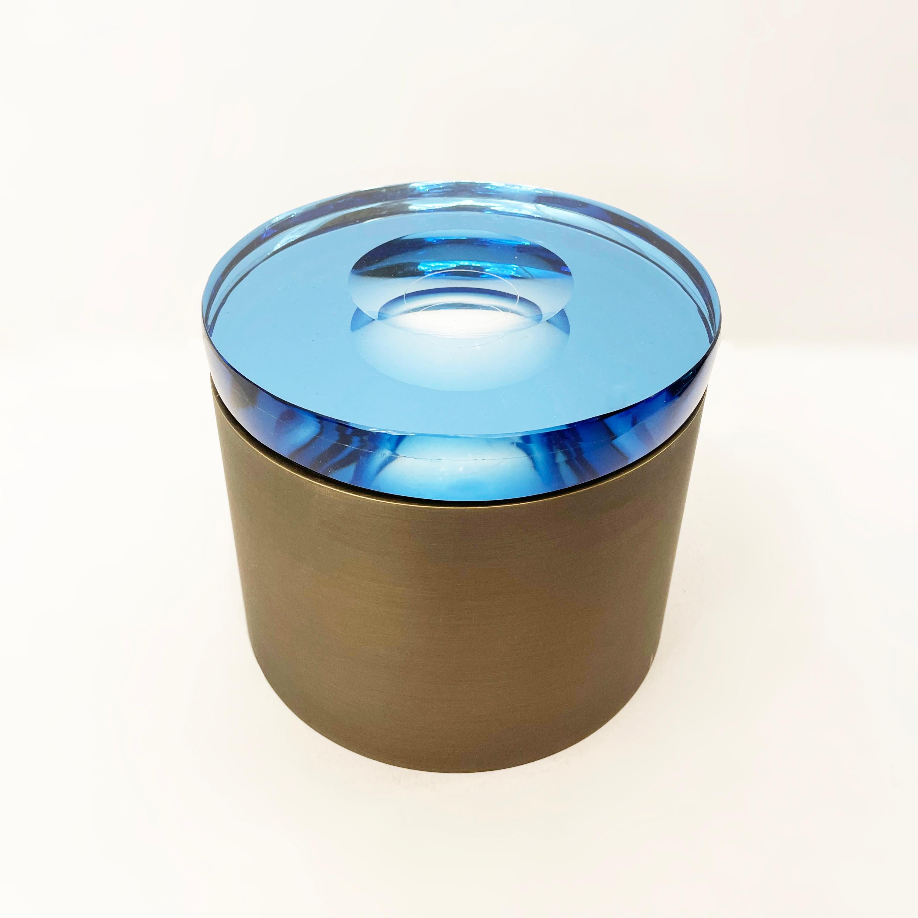 Modern Candela Glass Box by Form A, Blue Glass and Bronze Base