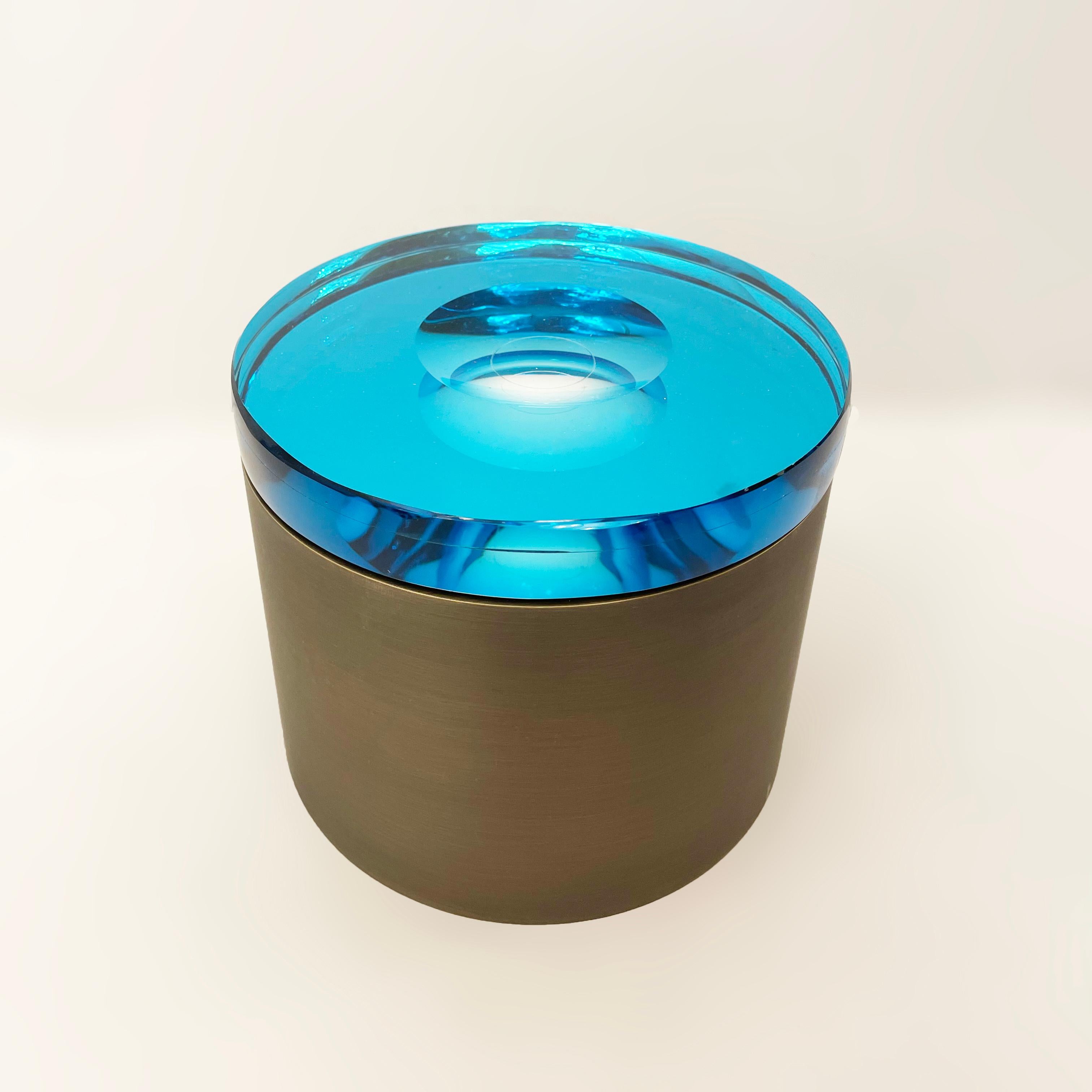 Candela Glass Box by Form A, Blue Glass and Bronze Base In New Condition In New York, NY