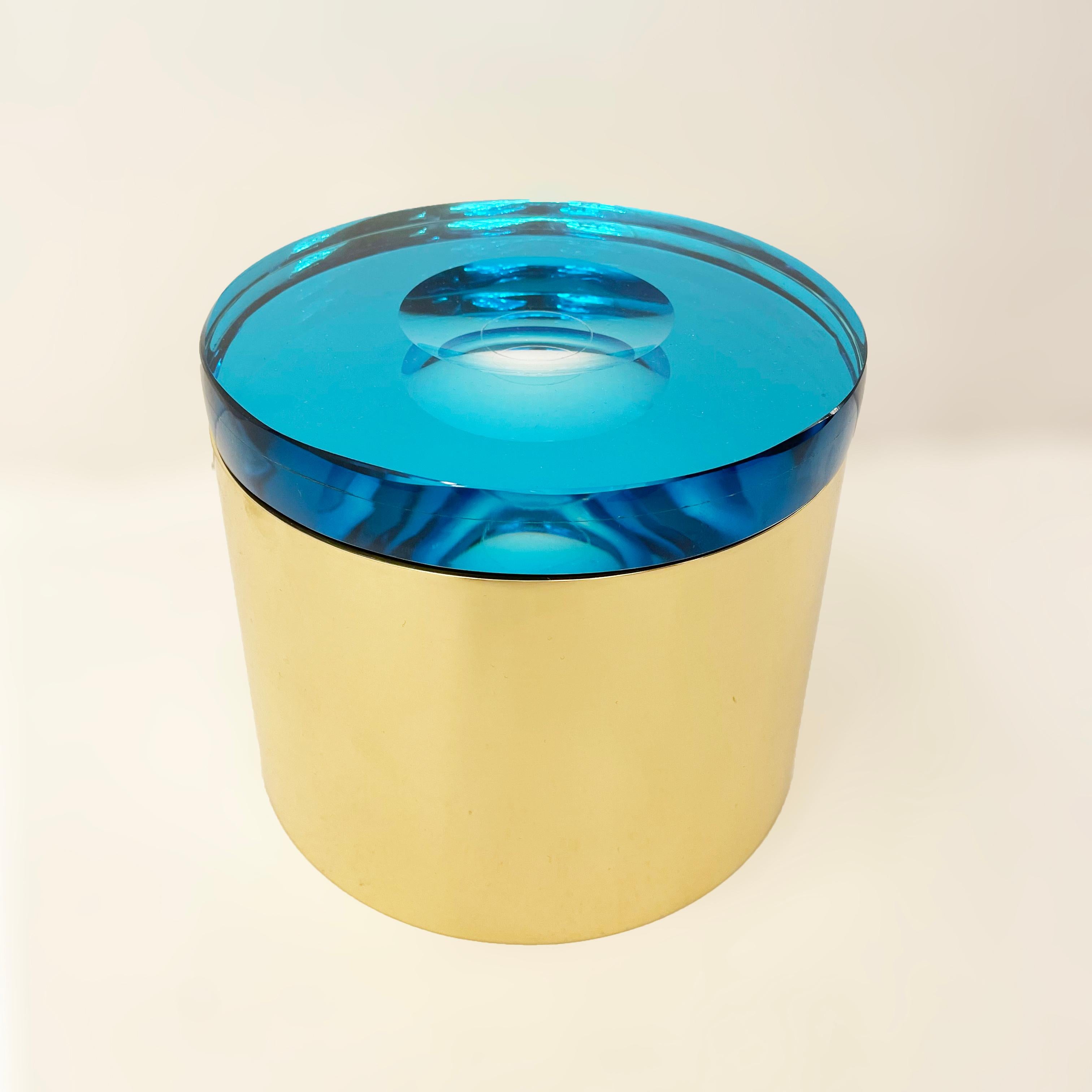 Brass Candela Glass Box by Form A, Blue Glass and Bronze Base