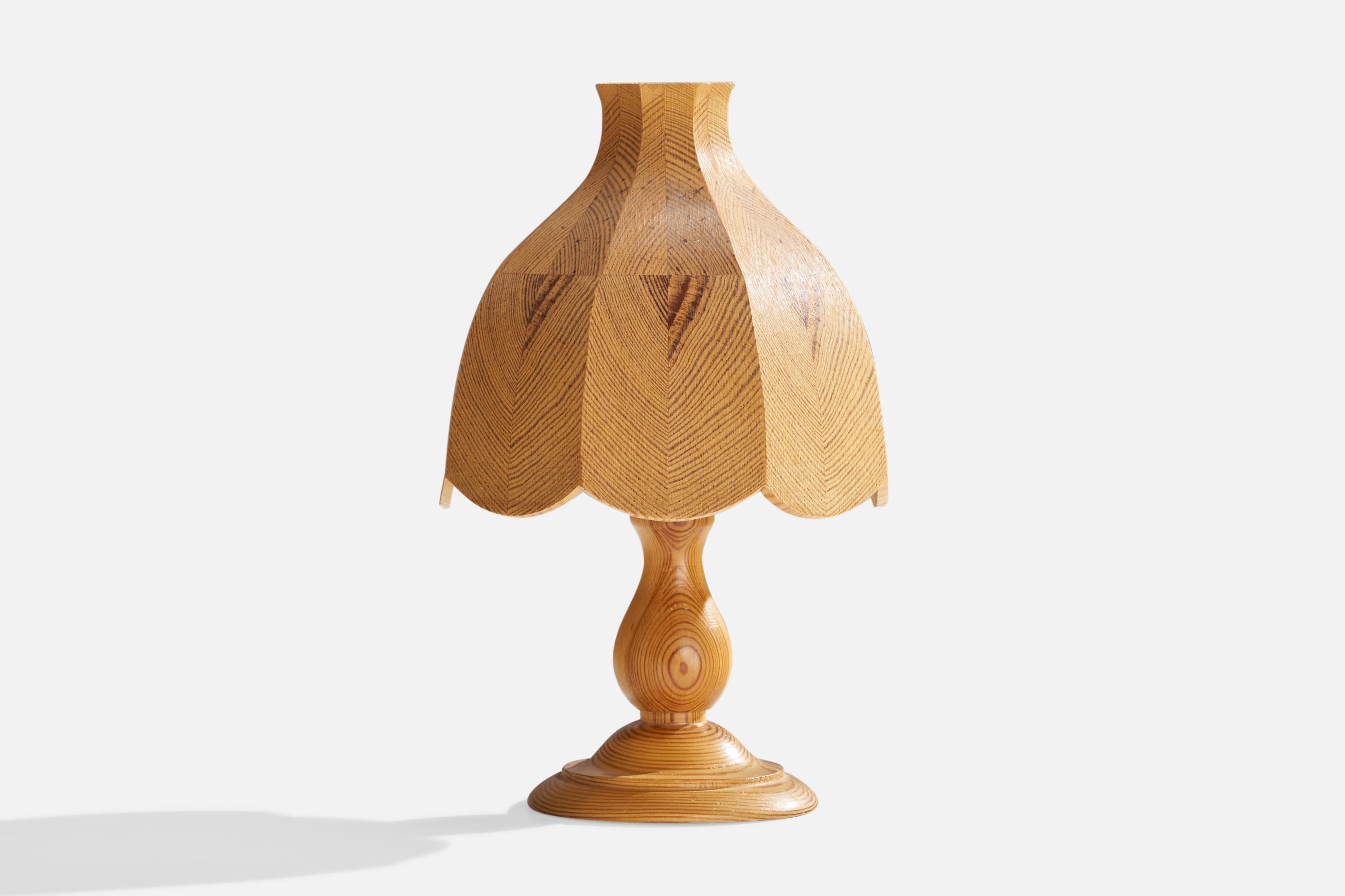 A pine table lamp produced by Candela, Sweden, c. 1980s.

Overall Dimensions (inches): 10.5” H x 7” D
Stated dimensions include shade.
Bulb Specifications: E-14 Bulb
Number of Sockets: 1
All lighting will be converted for US usage. We are unable to