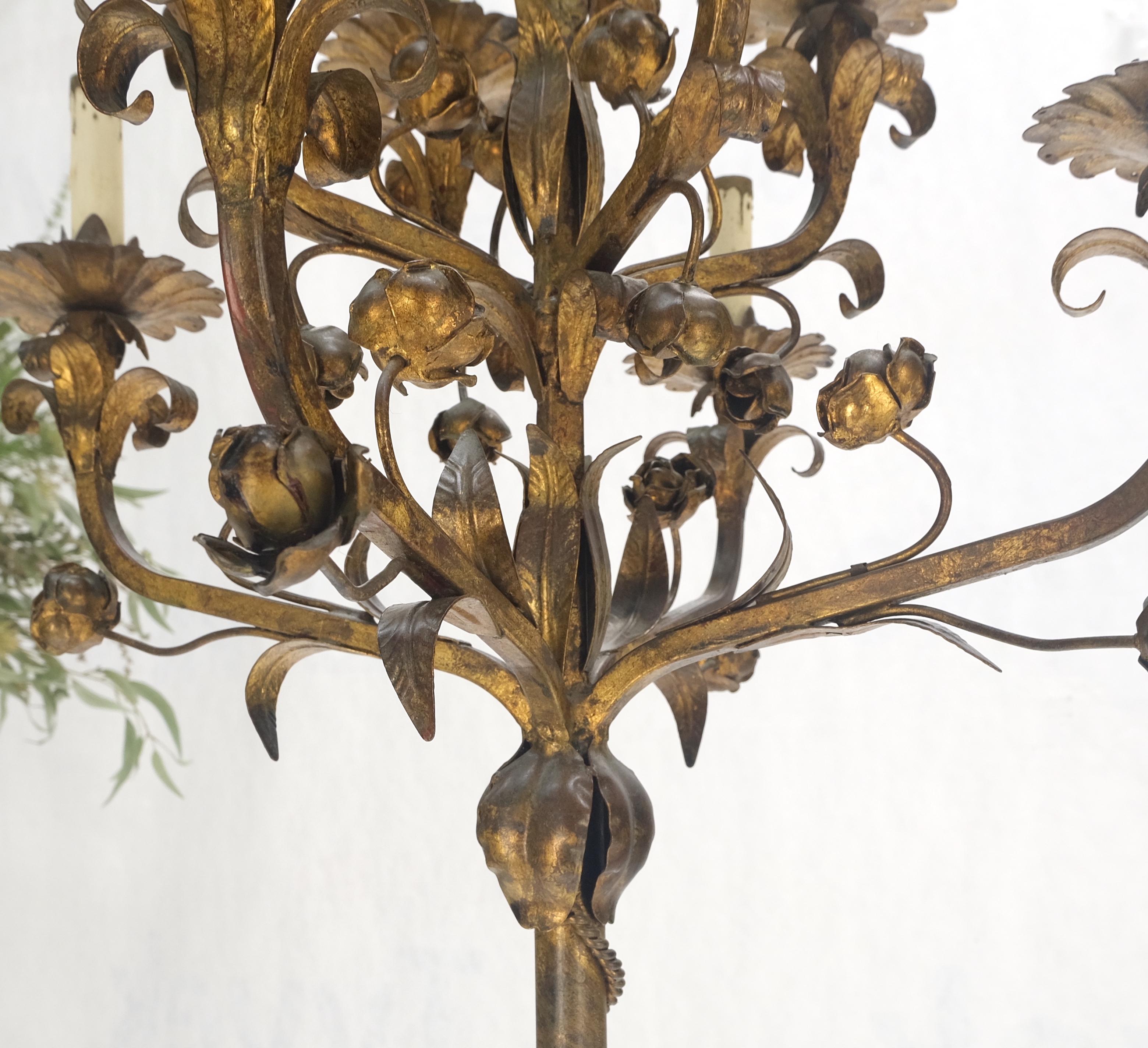 Very Fine Craftsmanship Candelabra Forged Gold Gilt Metal Flowers & Leafs Motive Italian Floor Lamp NICE & very decorative.