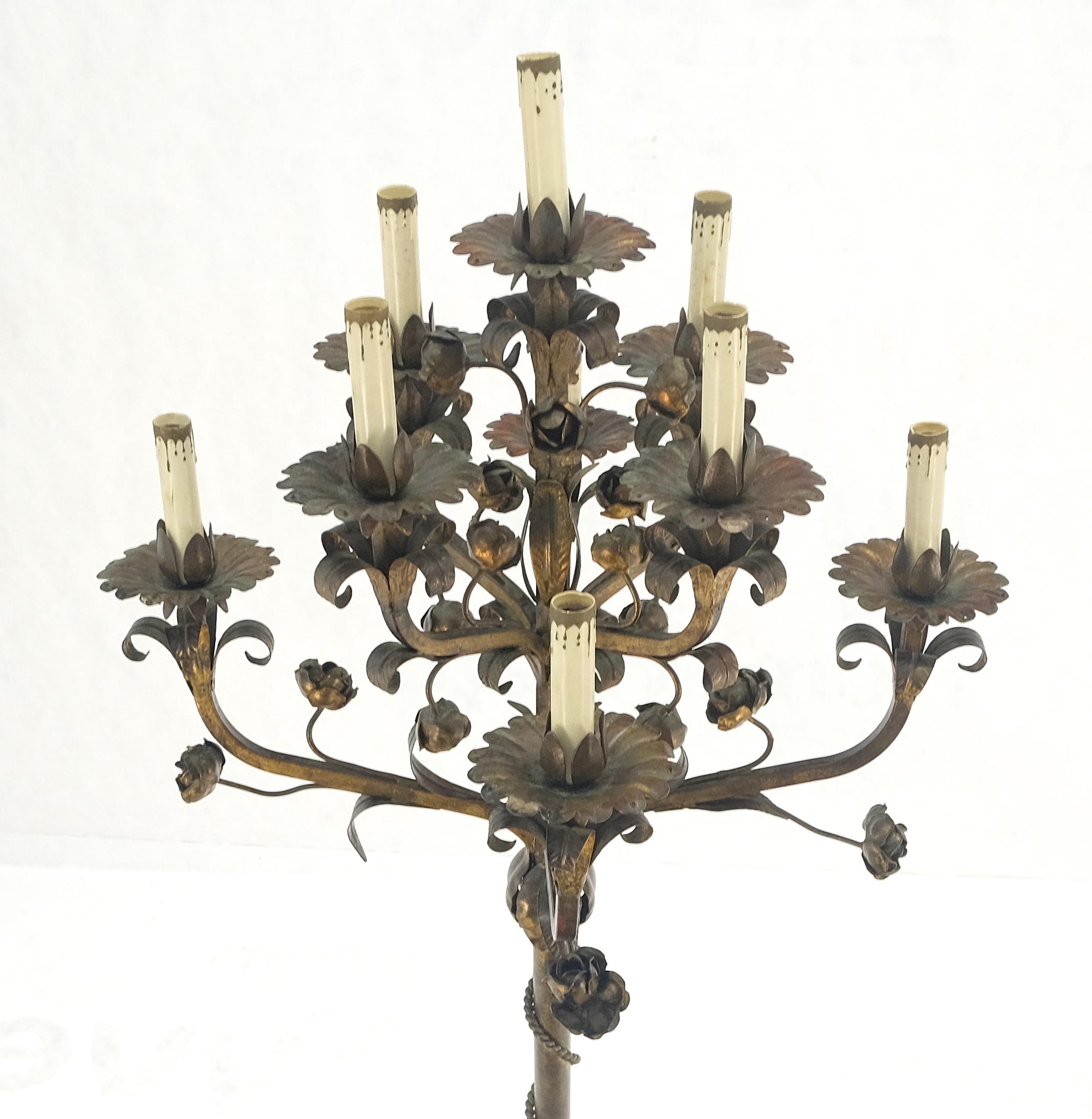 20th Century Candelabra Forged Golt Gilt Metal Flowers & Leafs Motive Italian Floor Lamp NICE For Sale