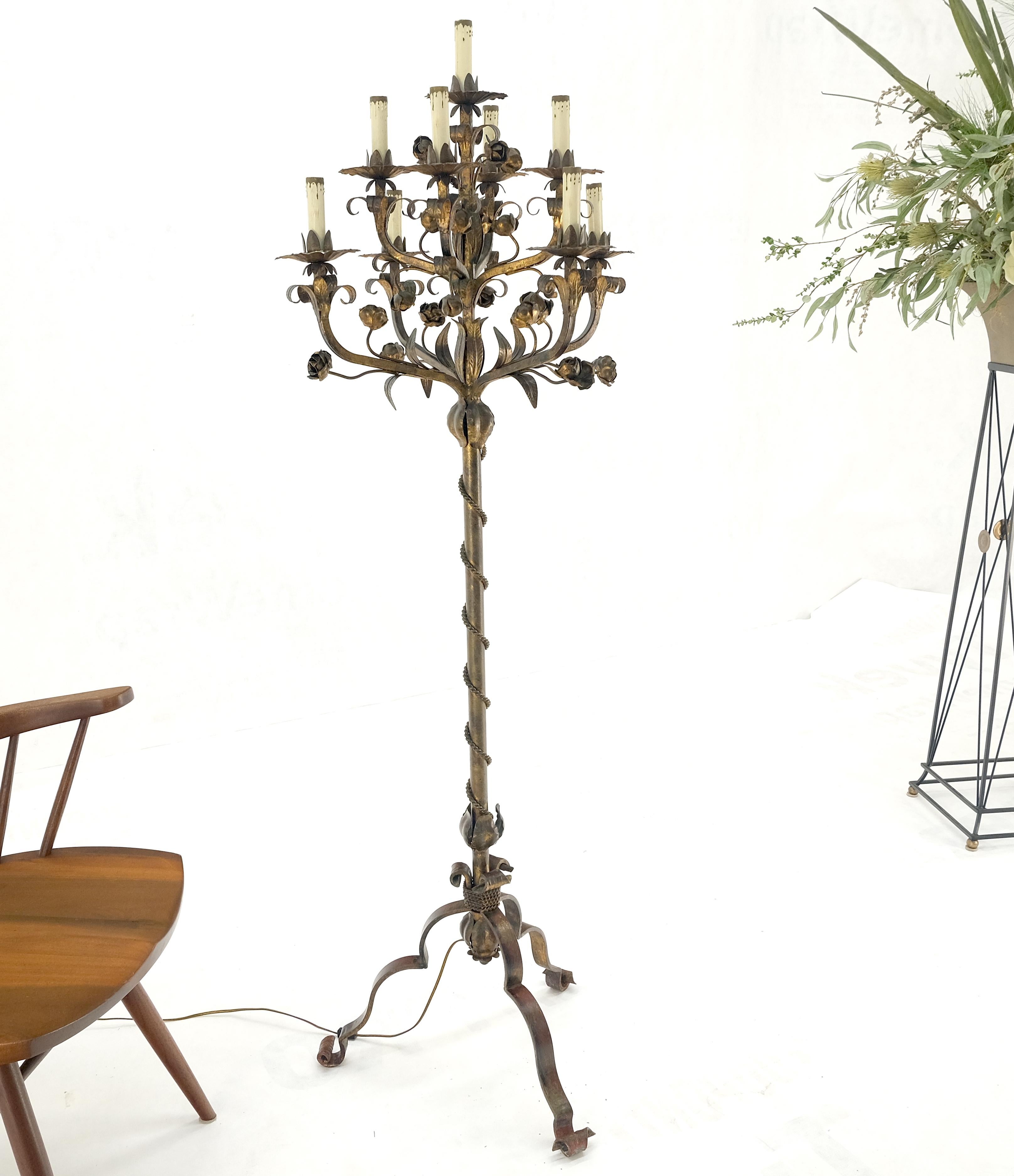 Wrought Iron Candelabra Forged Golt Gilt Metal Flowers & Leafs Motive Italian Floor Lamp NICE For Sale