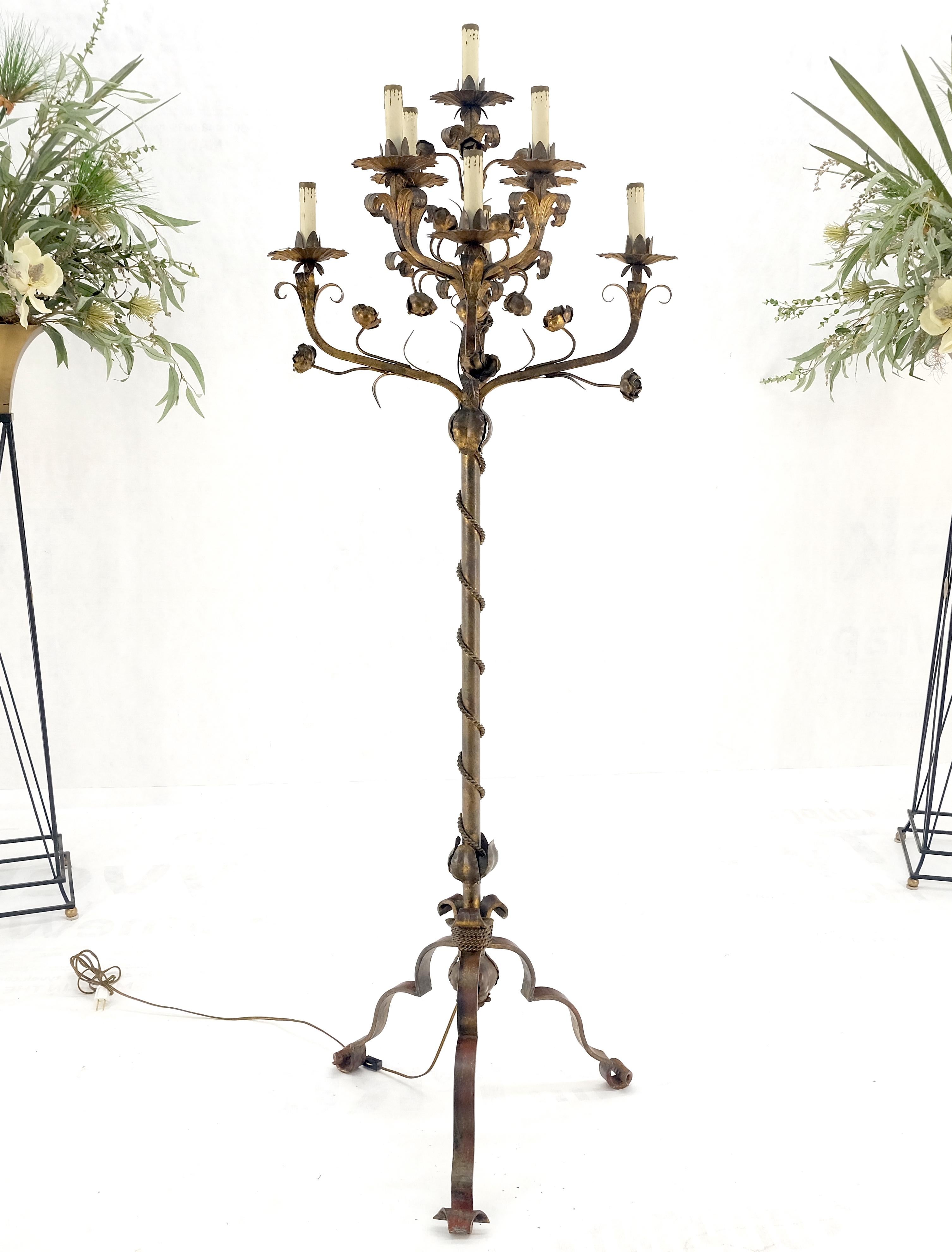Candelabra Forged Golt Gilt Metal Flowers & Leafs Motive Italian Floor Lamp NICE For Sale 2