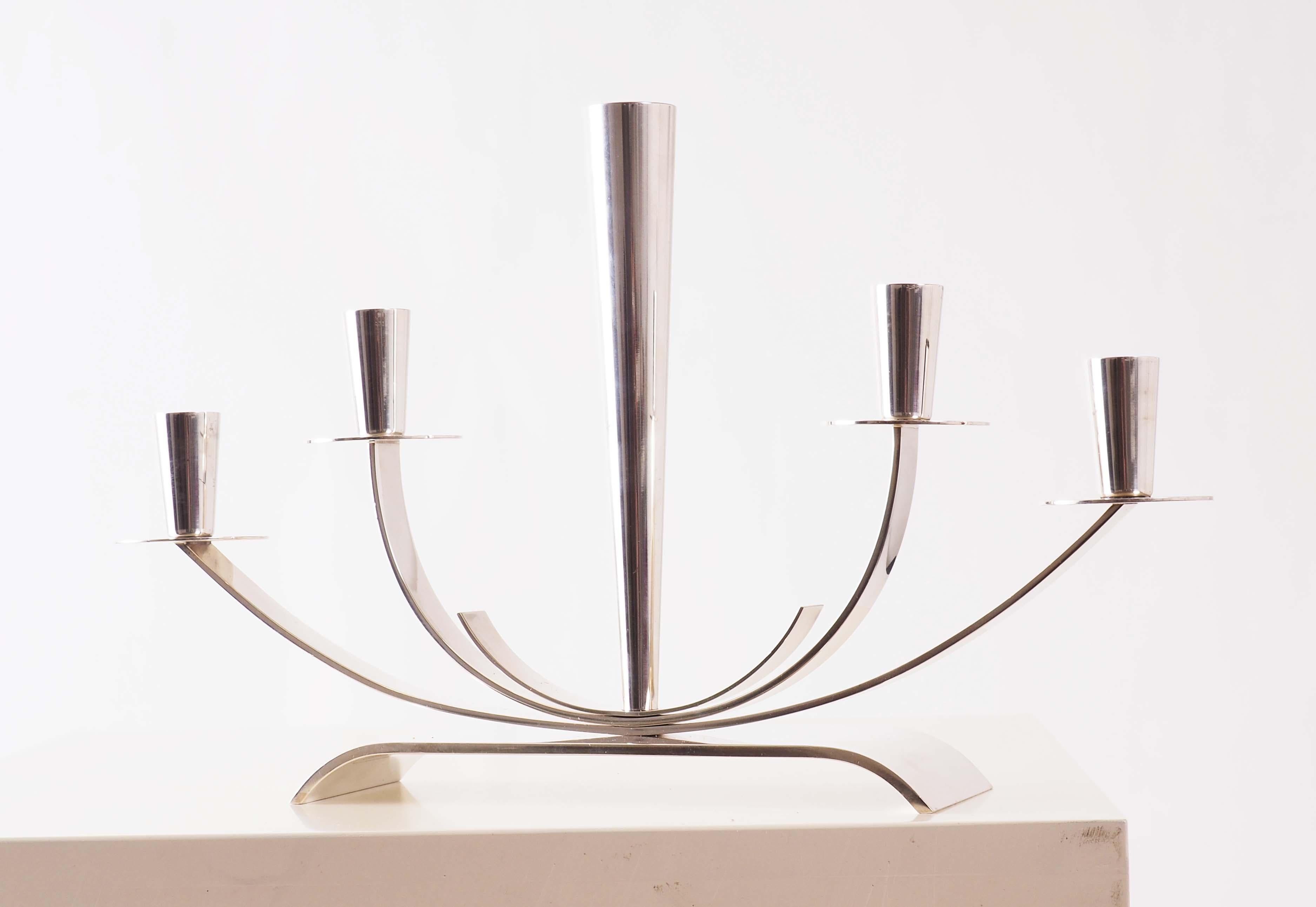 Silver plated candelabra from Ystad Metall, Sweden. This heavy piece is in mint condition.