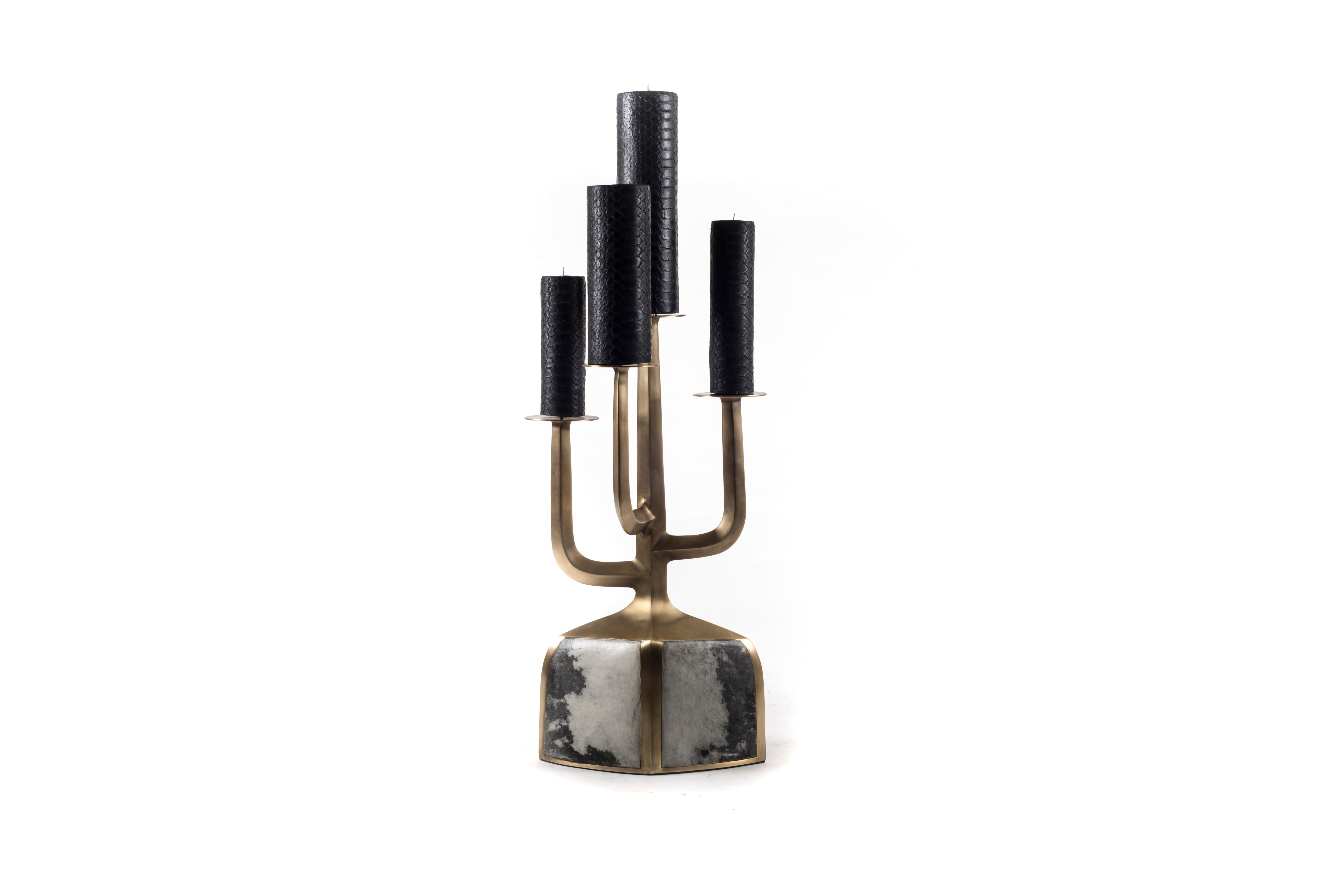 French Candelabra in Grey/Black Parchment & Bronze-Patina Brass by Patrick Coard Paris For Sale