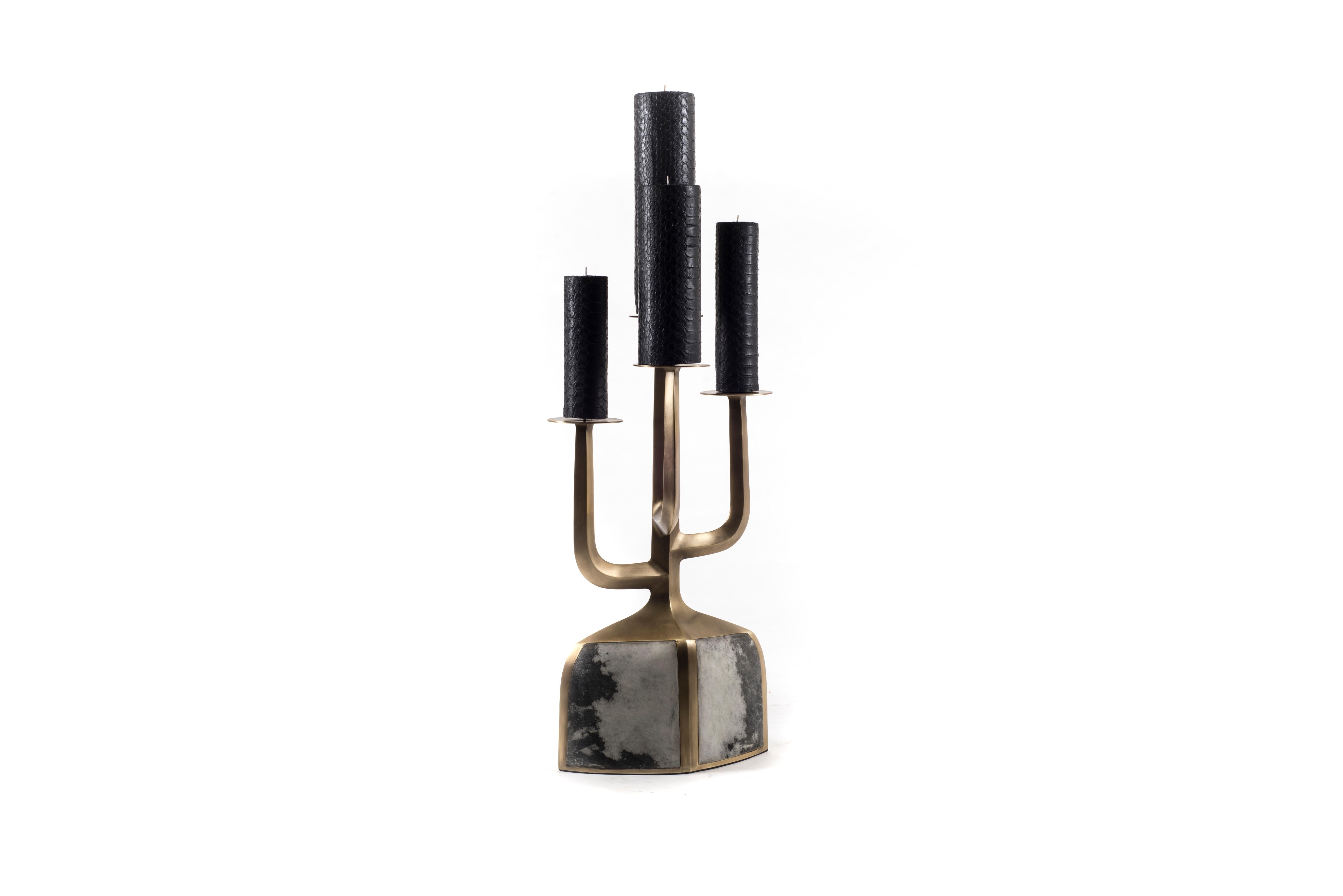 Hand-Crafted Candelabra in Grey/Black Parchment & Bronze-Patina Brass by Patrick Coard Paris For Sale