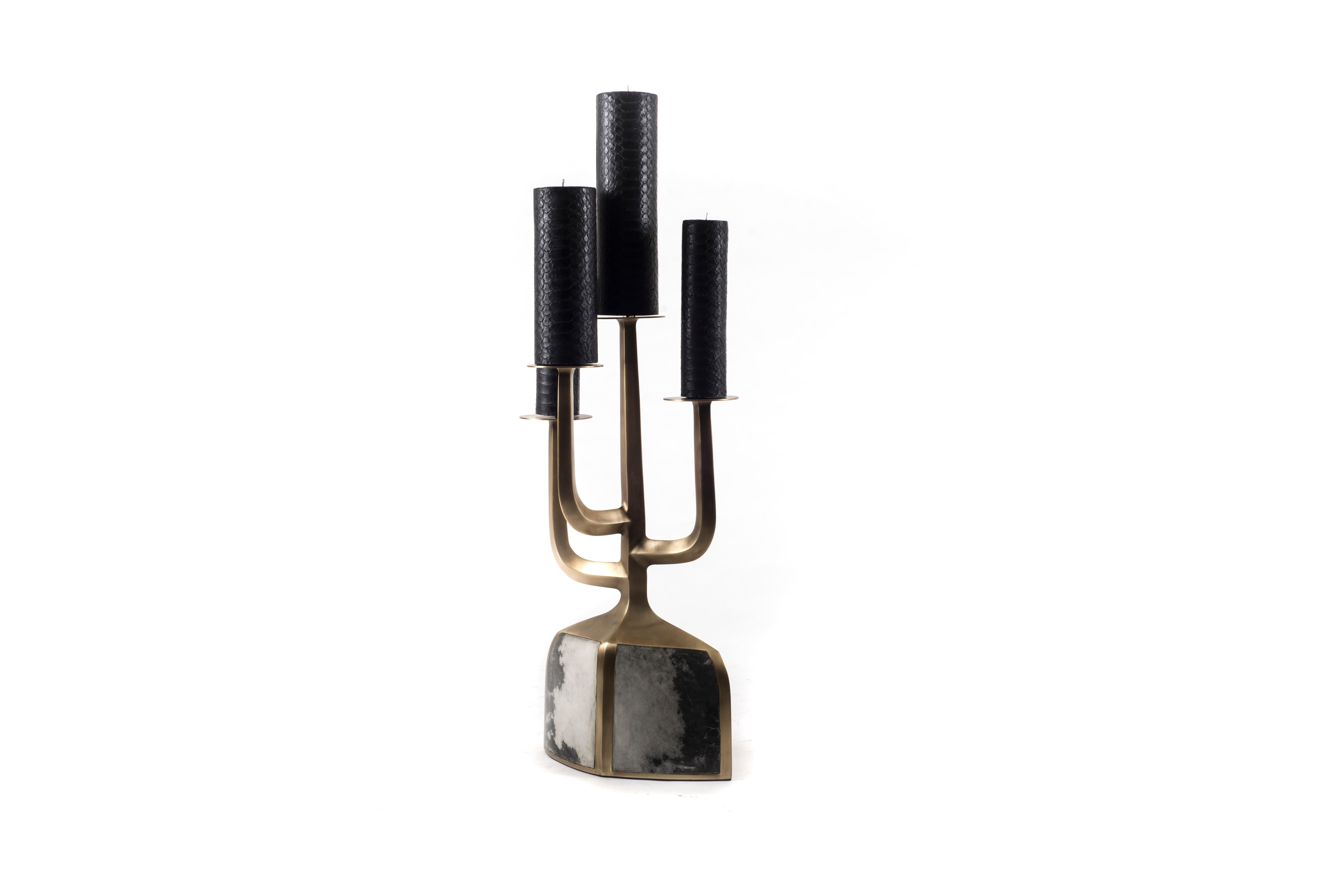 Candelabra in Grey/Black Parchment & Bronze-Patina Brass by Patrick Coard Paris In New Condition For Sale In New York, NY