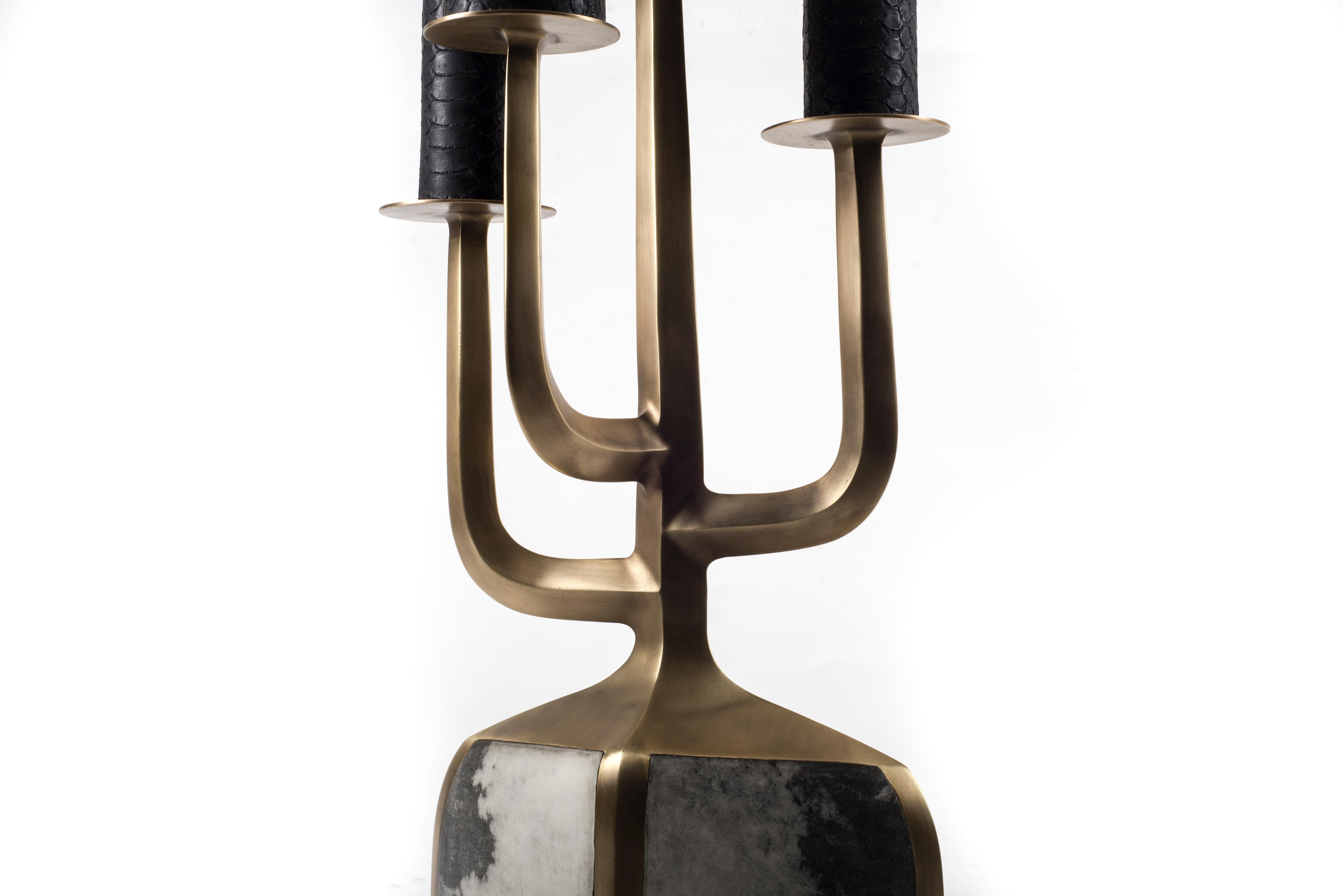 Contemporary Candelabra in Grey/Black Parchment & Bronze-Patina Brass by Patrick Coard Paris For Sale