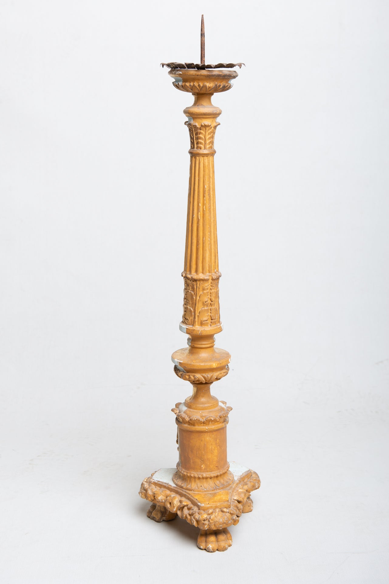 This wood candelabra is in lacquered and gilded wood: beautiful and perfect, despite its age. It's coming from Faenza. 
The small imperfection are acceptable because it is so elegant !
(height at the spike: cm. 92).
 refer. O/202.
 
