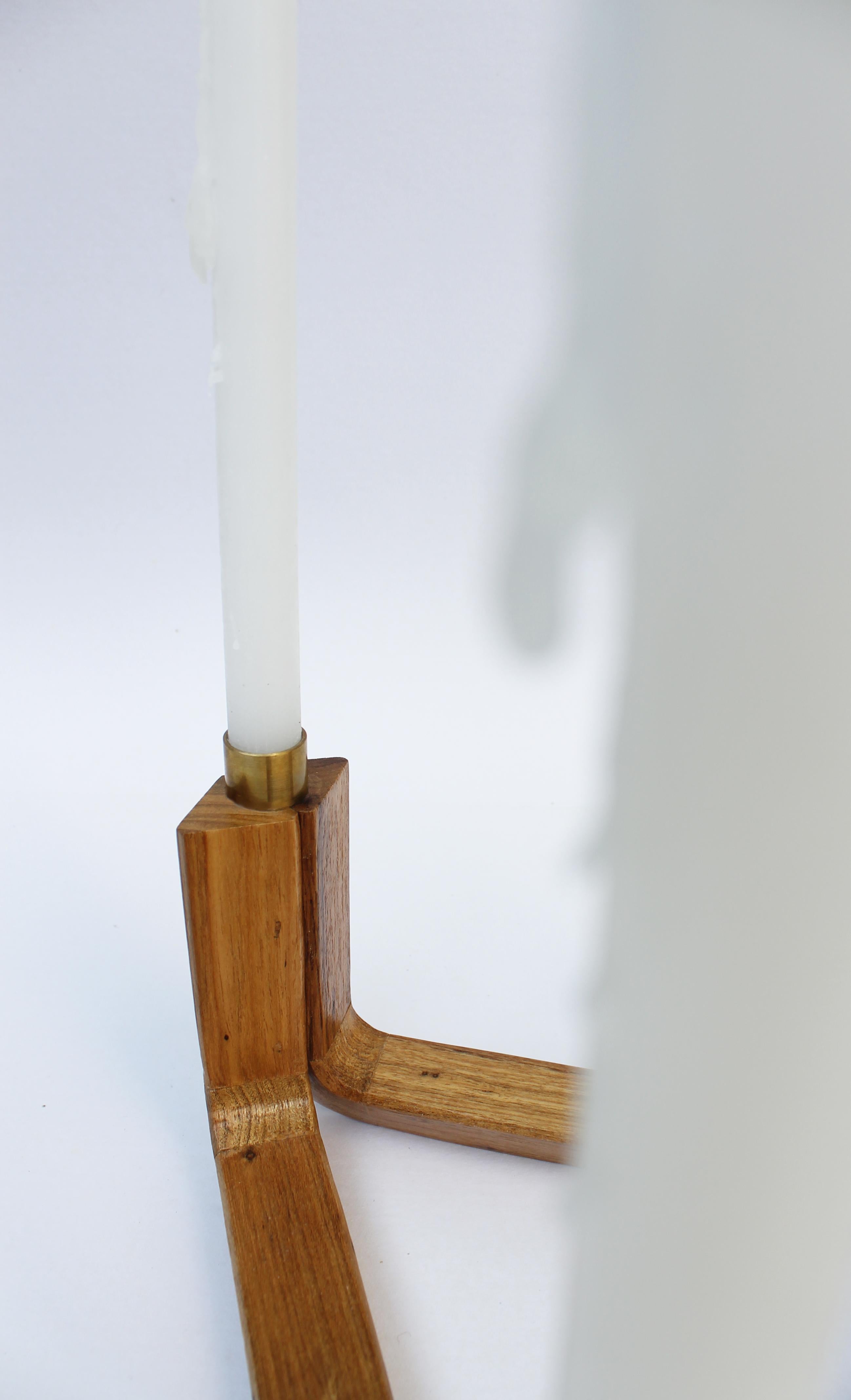 Brazilian Candelabra in Wood and Brass, Three Candles, Void Collection For Sale