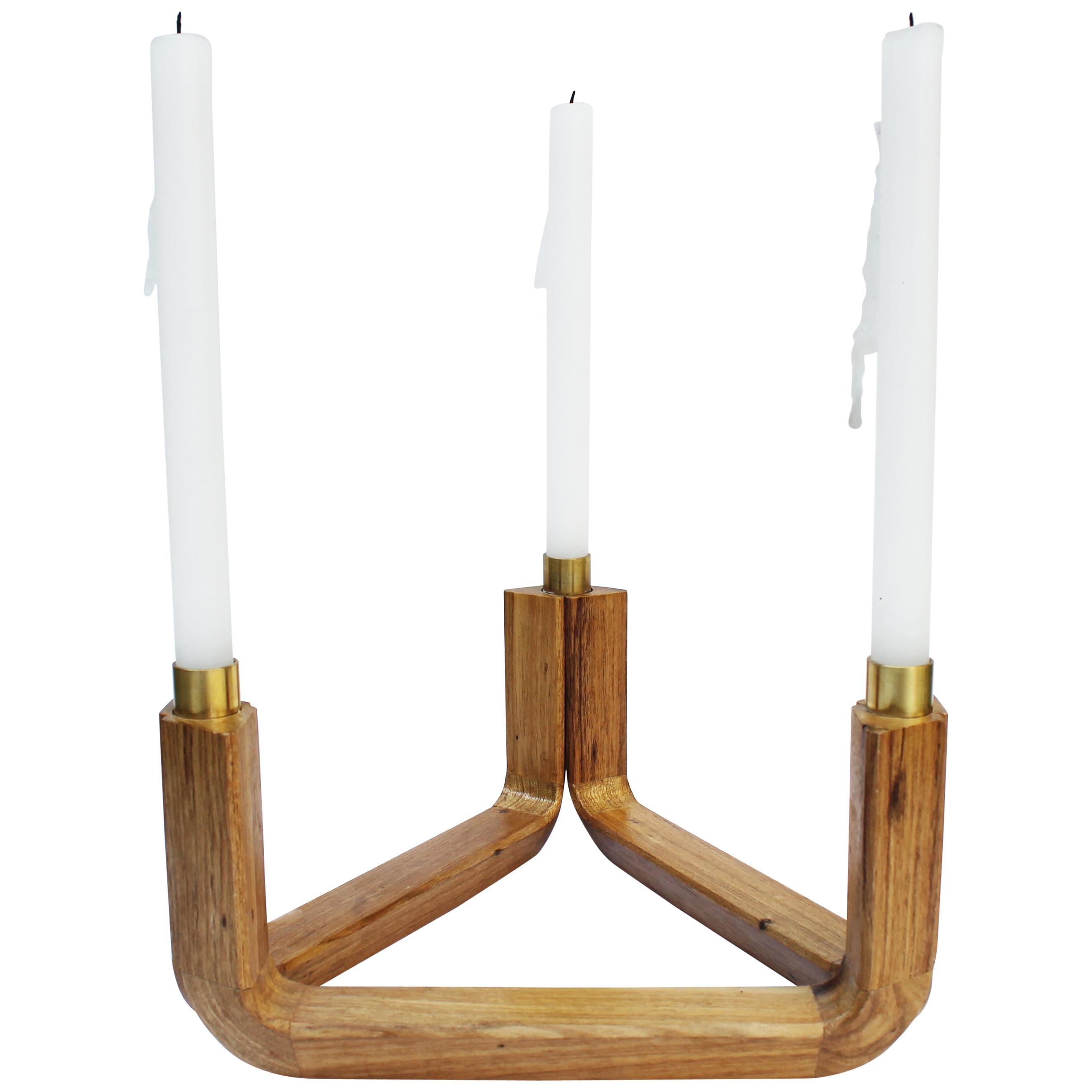 Candelabra in Wood and Brass, Three Candles, Void Collection For Sale