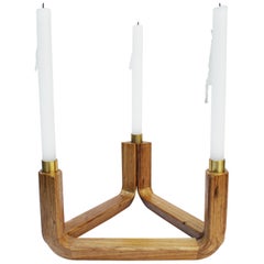 Candelabra in Wood and Brass, Three Candles, Void Collection