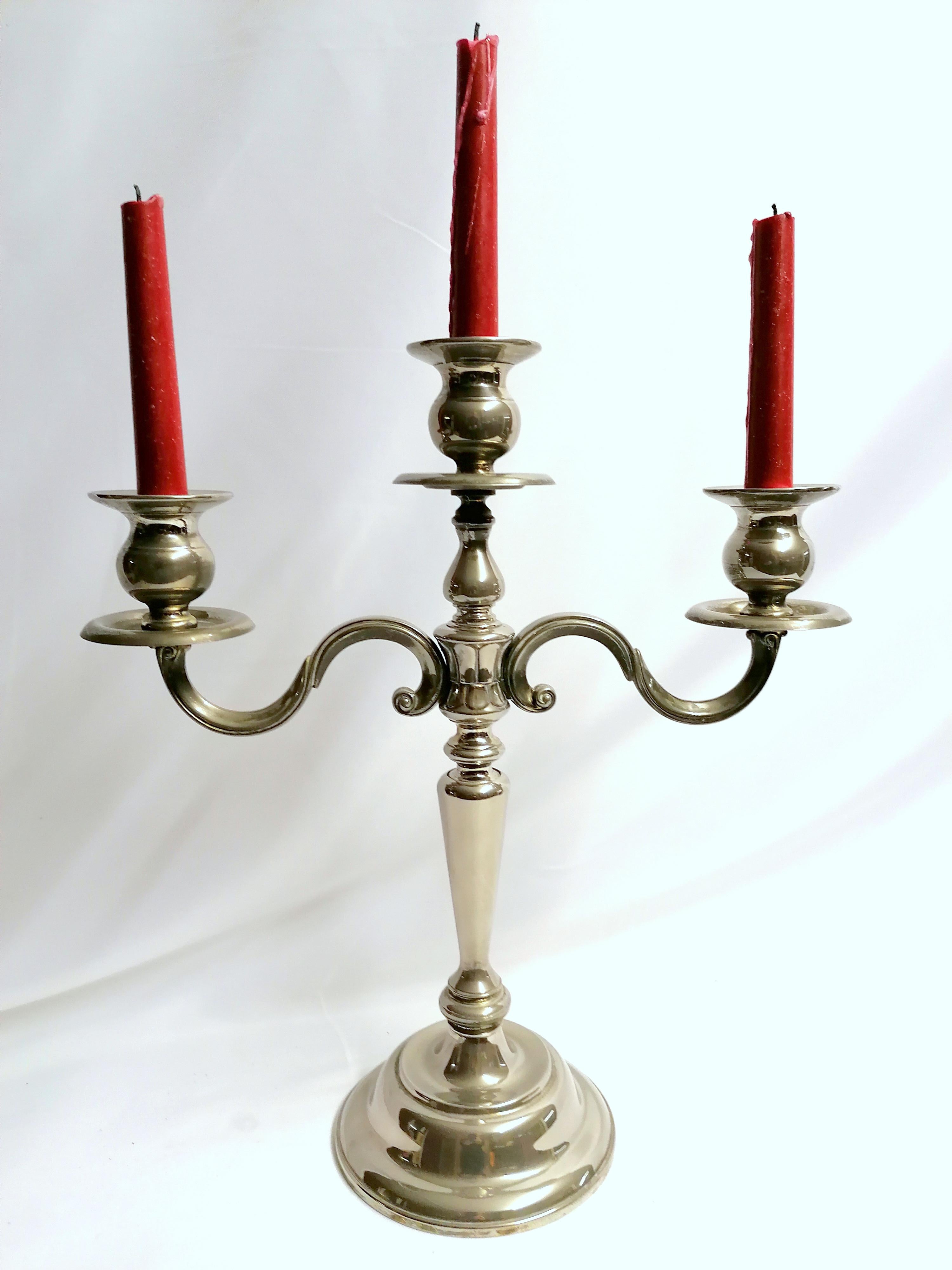 20th Century Candelabra Italian Silver Plated Candle Holder 3 Arms For Sale