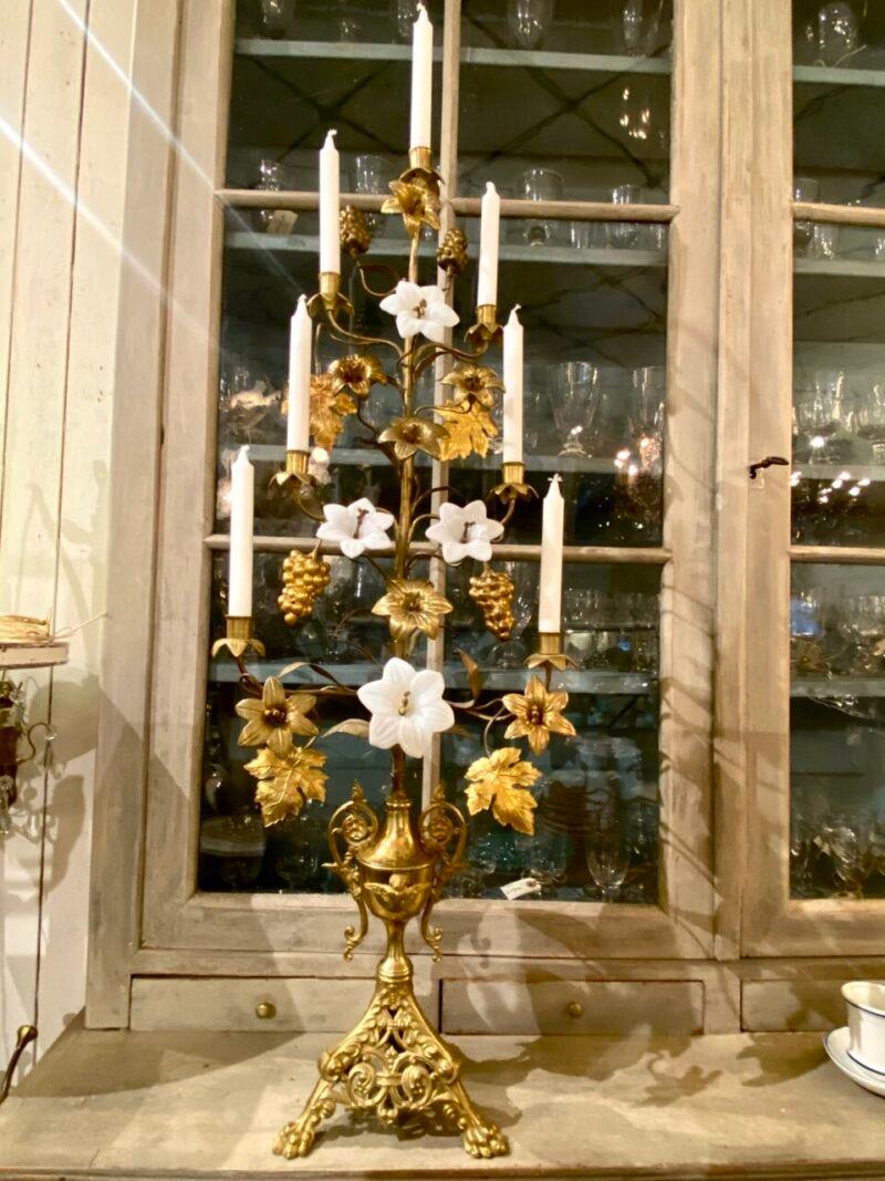 Large and handsome antique church candelabra, beautifully decorated with opal glass and brass lilies, as well as large bunches of grapes and vine leaves.

Also known as thanksgiving candlestick is circa 1900 and originates from the Catholic Church