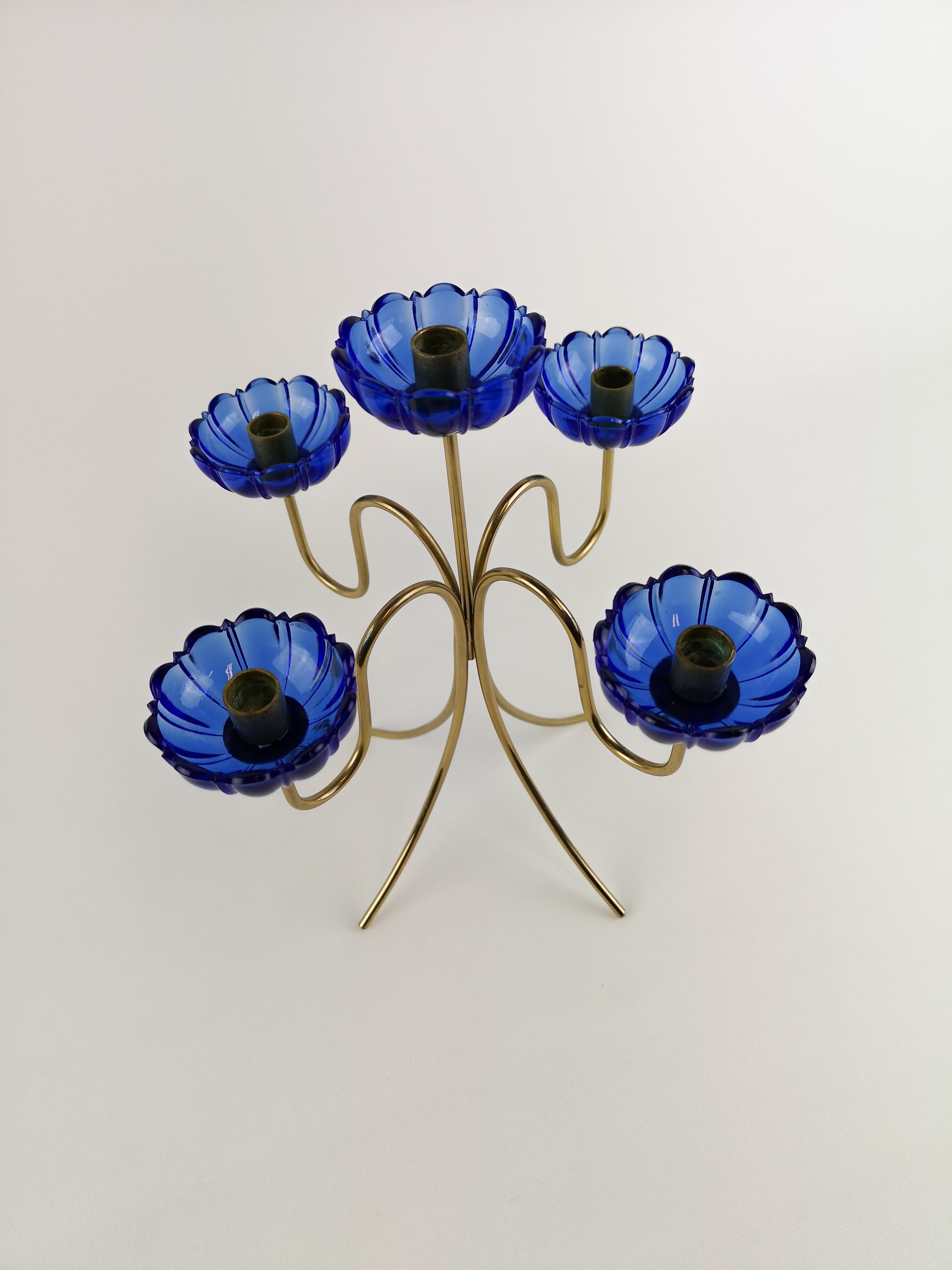 Mid-Century Modern Candelabra with Blue Glass by Gunnar Ander for Ystad-Metall, Sweden