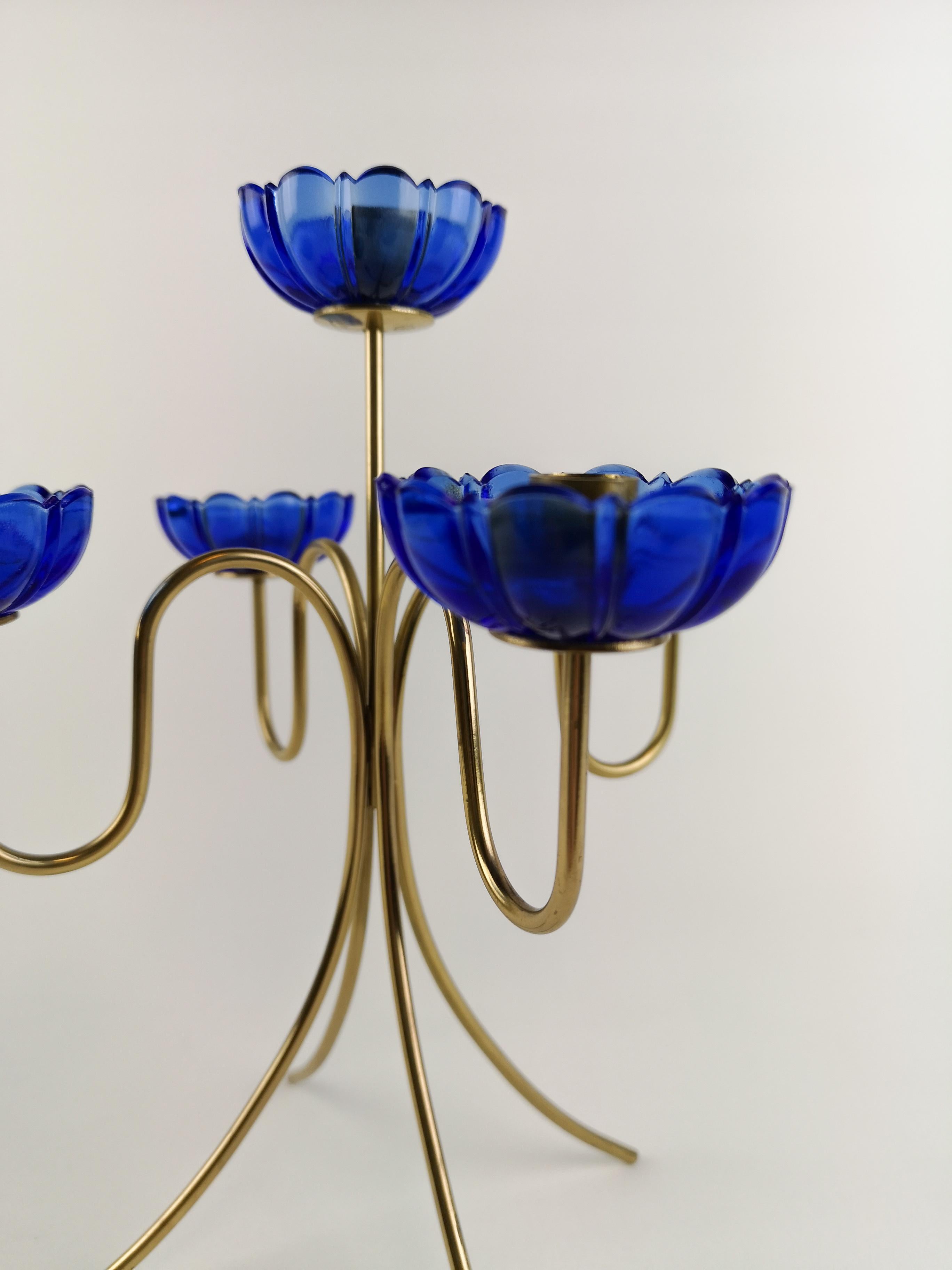 Swedish Candelabra with Blue Glass by Gunnar Ander for Ystad-Metall, Sweden