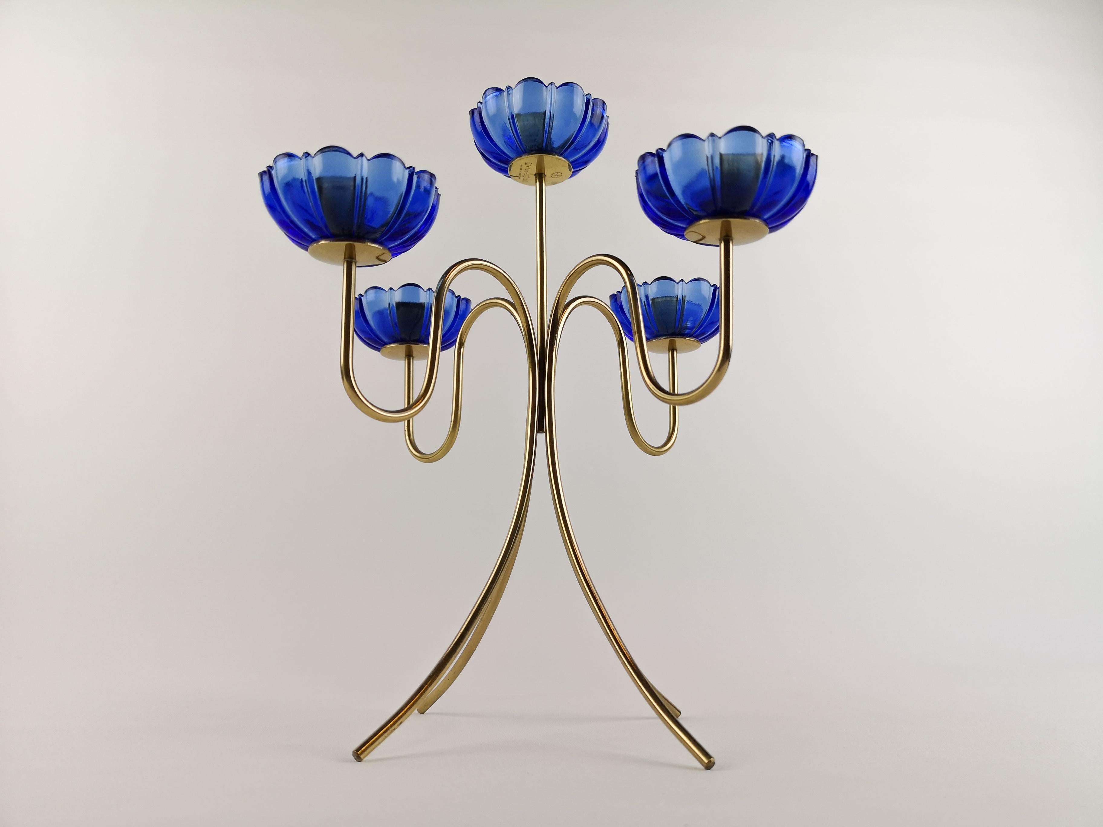 Brass Candelabra with Blue Glass by Gunnar Ander for Ystad-Metall, Sweden