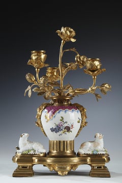 Porcelain Candelabra with Sheep Attributed to Samson & Cie, France, Circa 1880