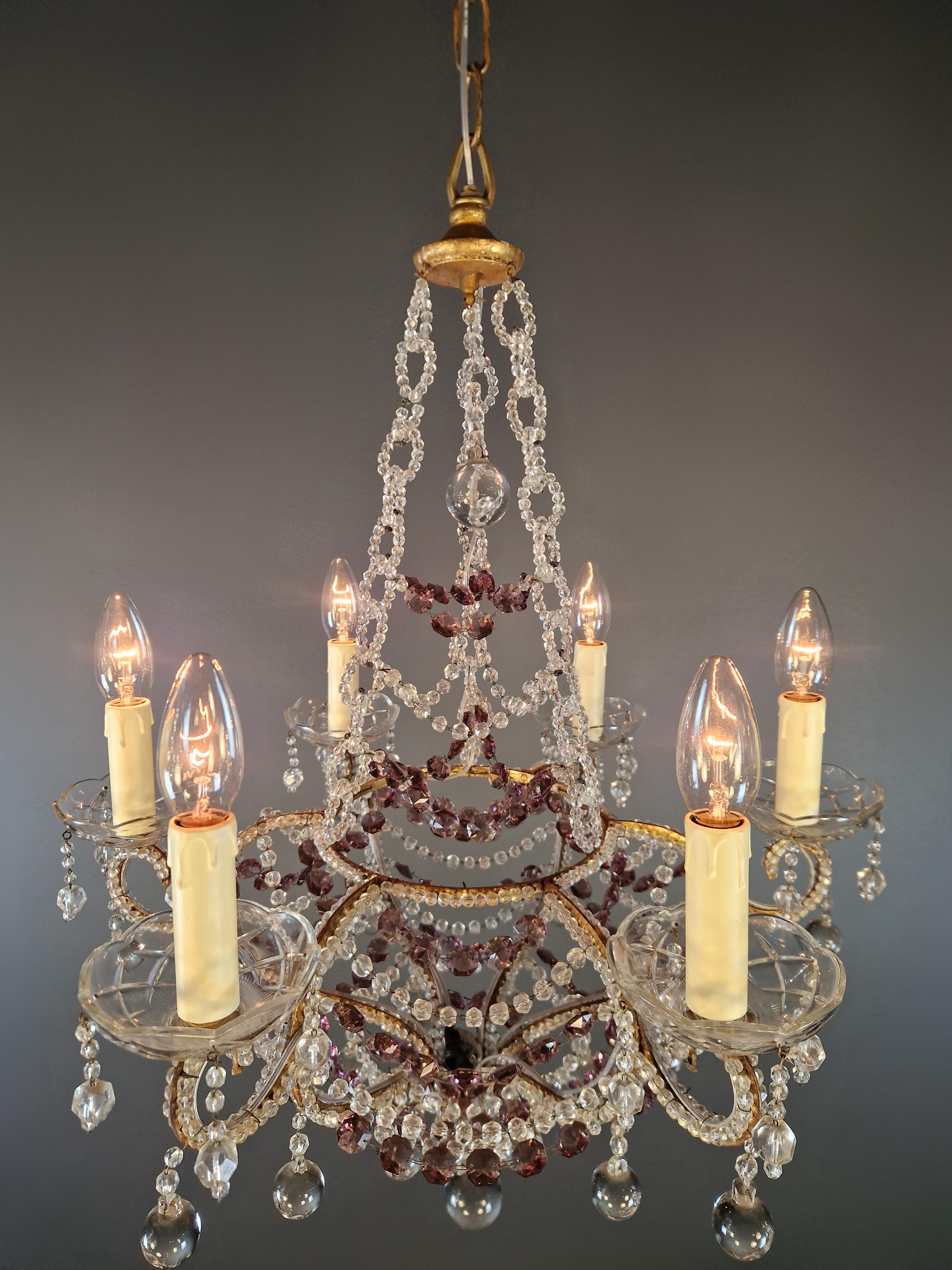 Lustre à candélabre ancien en cristal violet lustre Art Nouveau en vente 2