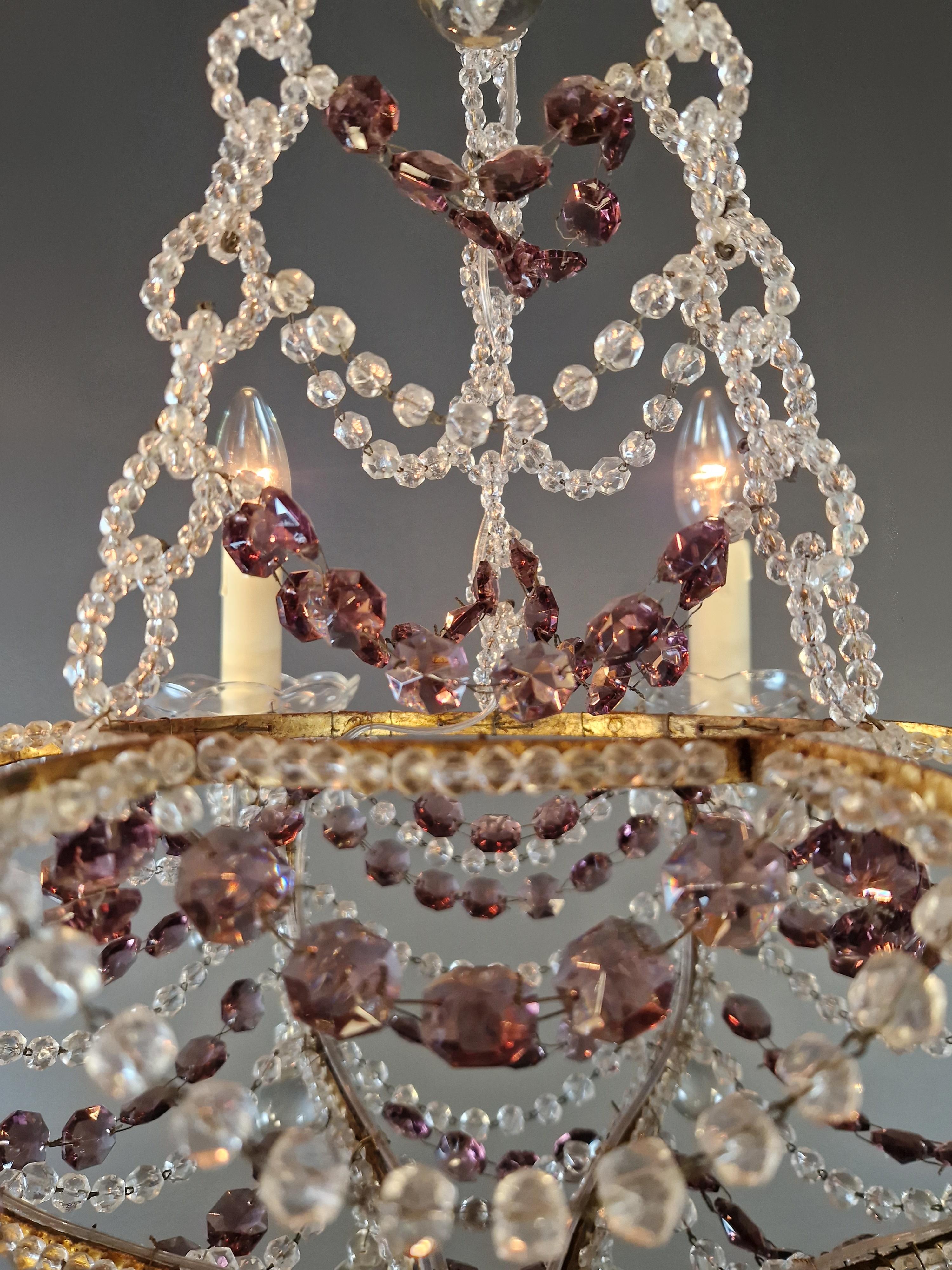 Lustre à candélabre ancien en cristal violet lustre Art Nouveau en vente 4