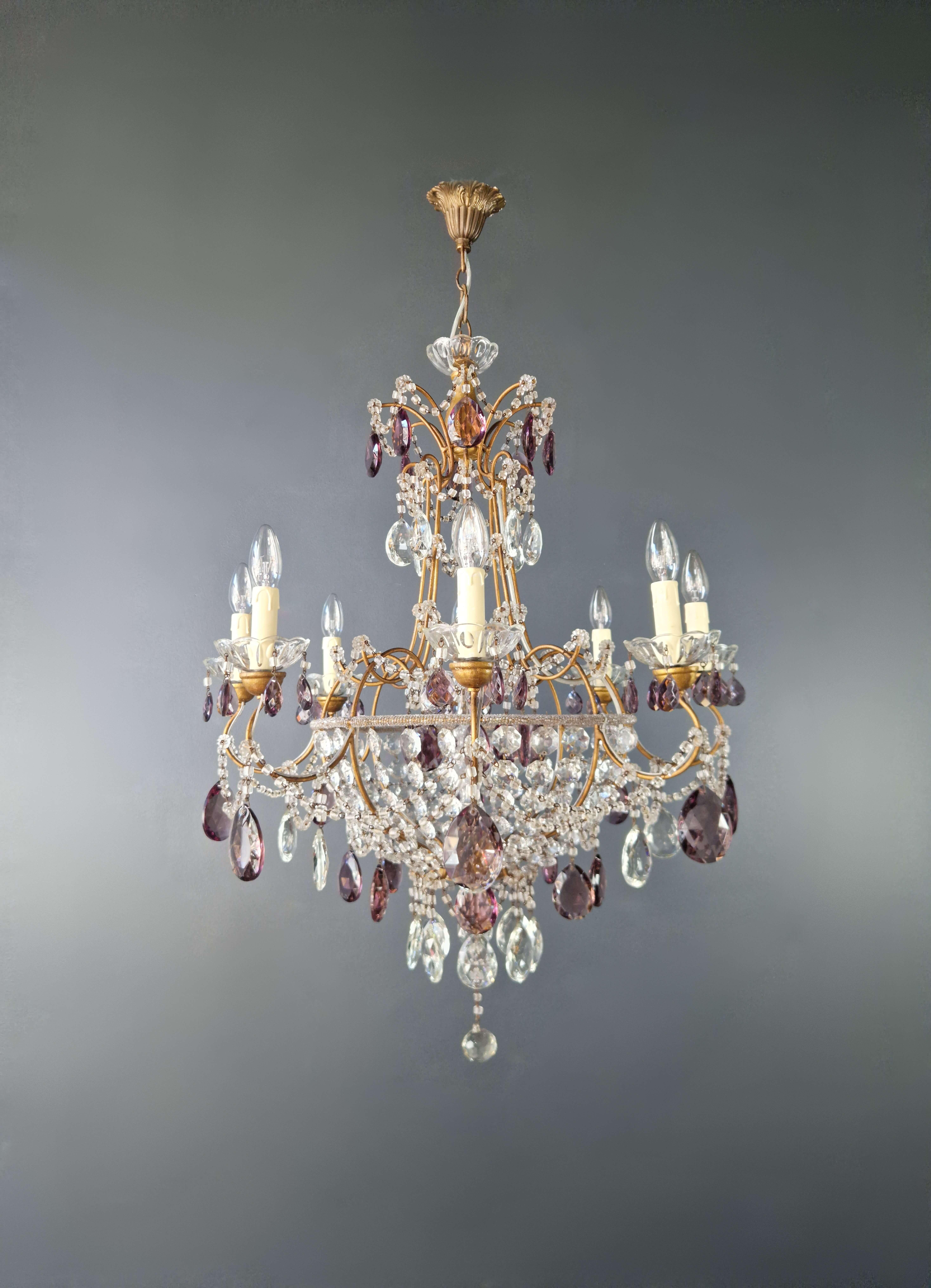 Italian Candelabrum Purple Crystal Antique Chandelier Ceiling Lustre Art Nouveau For Sale