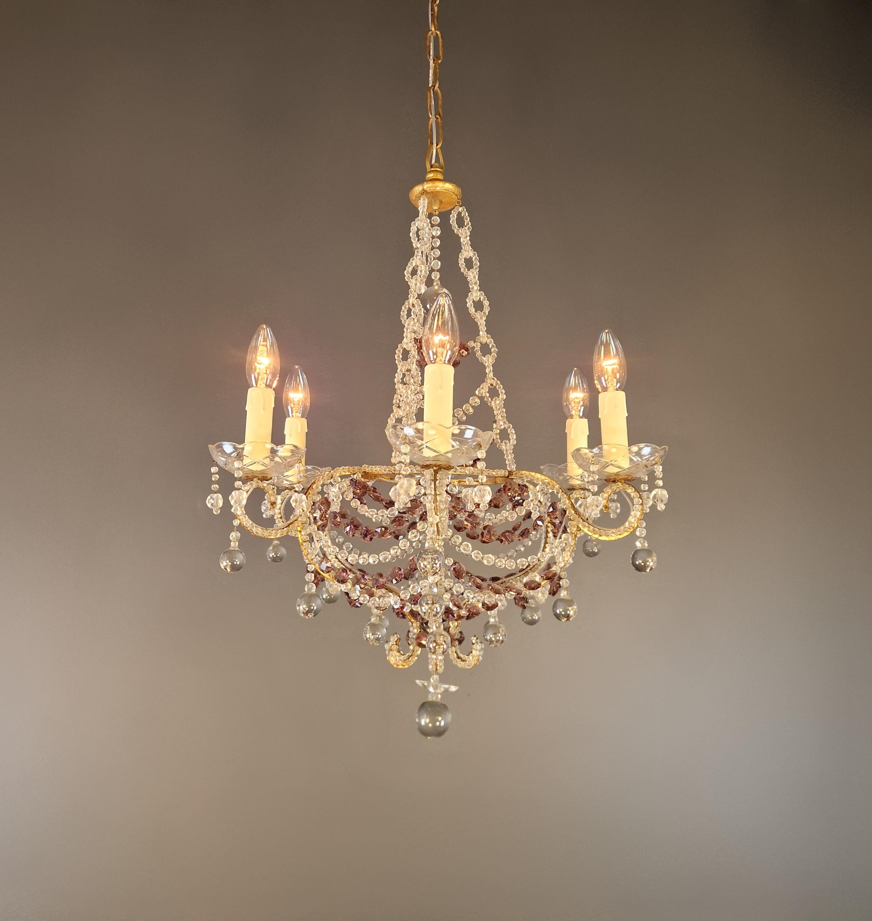 italien Lustre à candélabre ancien en cristal violet lustre Art Nouveau en vente