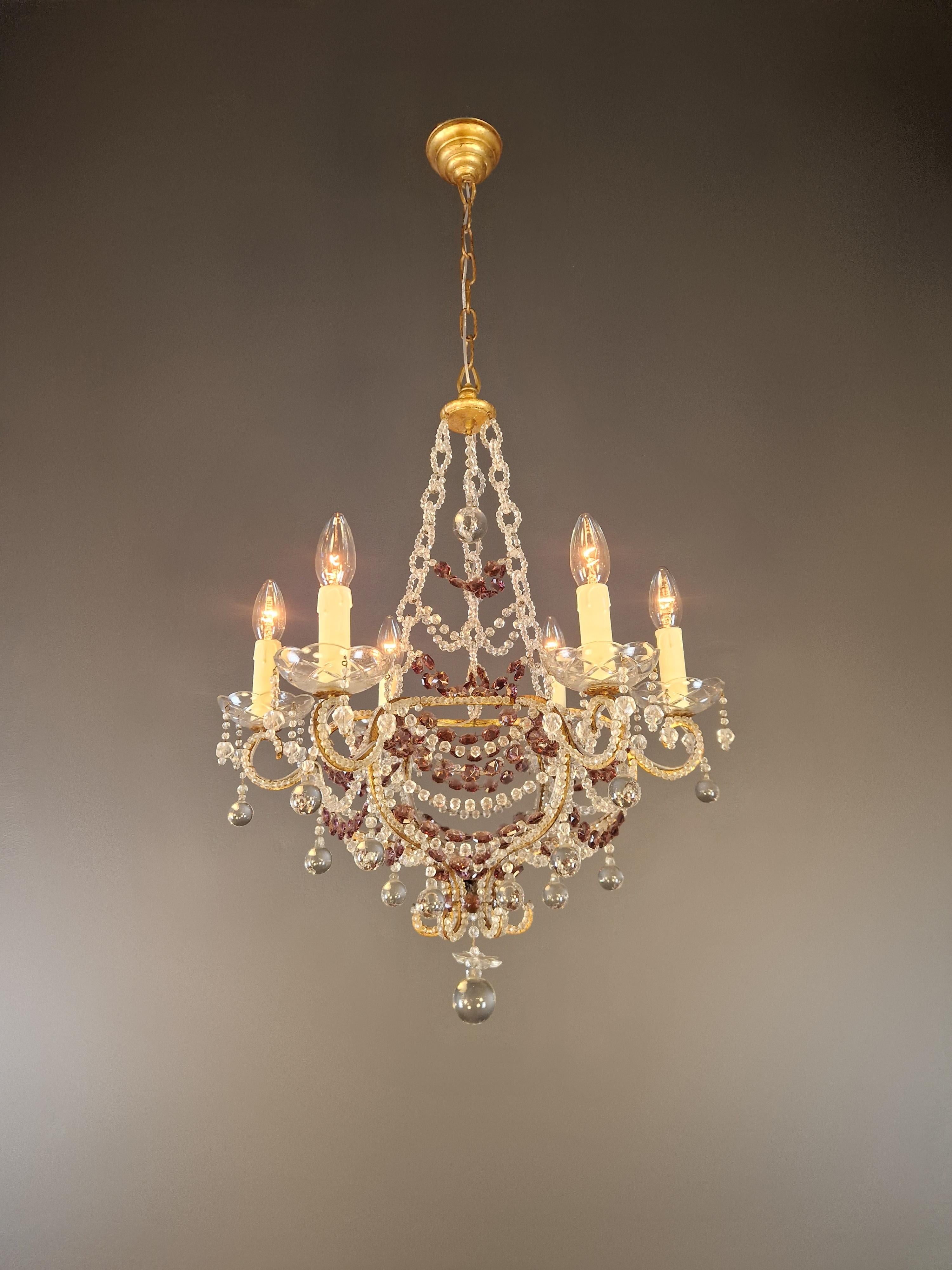 Noué à la main Lustre à candélabre ancien en cristal violet lustre Art Nouveau en vente