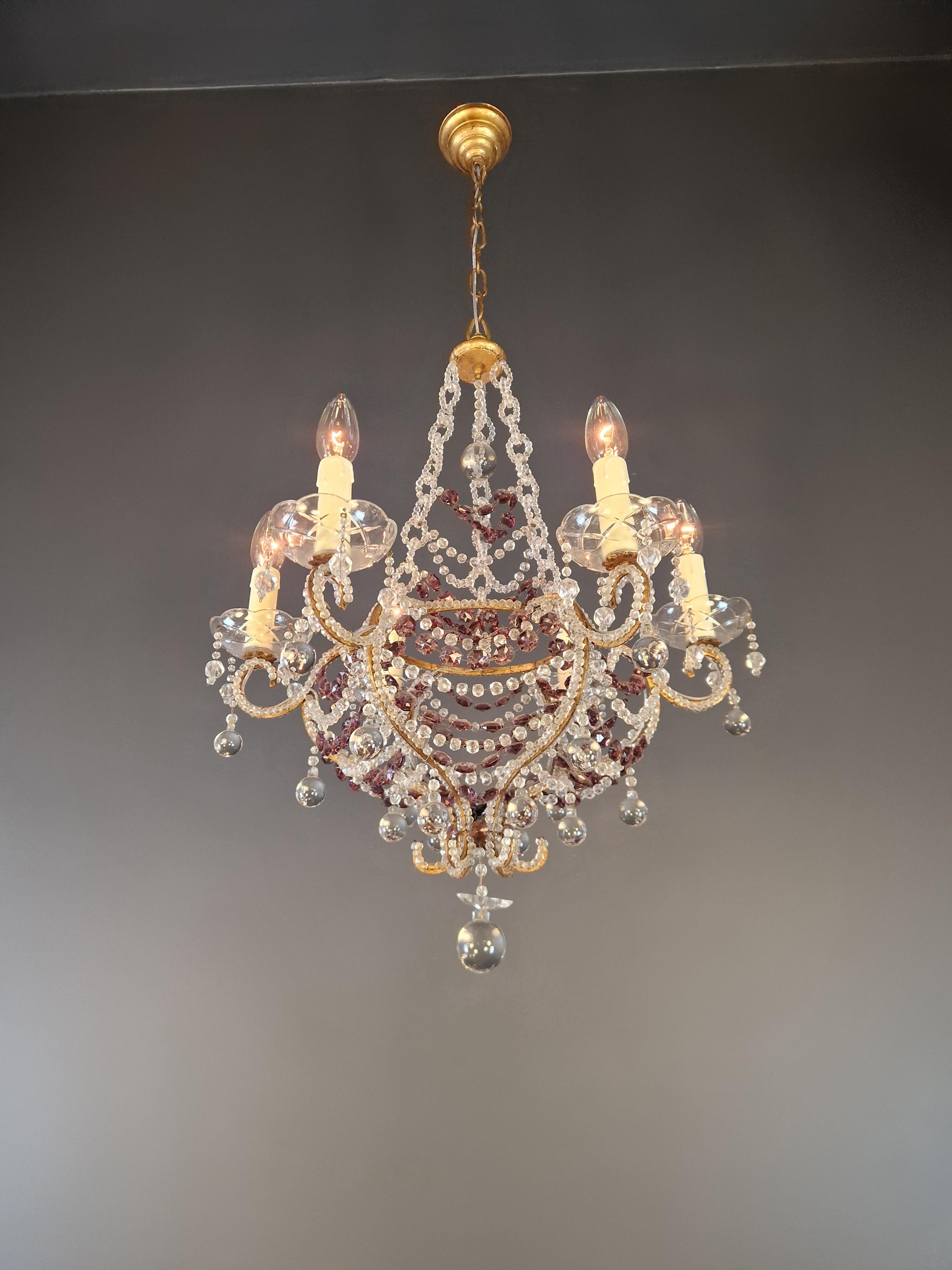 Lustre à candélabre ancien en cristal violet lustre Art Nouveau Bon état - En vente à Berlin, DE