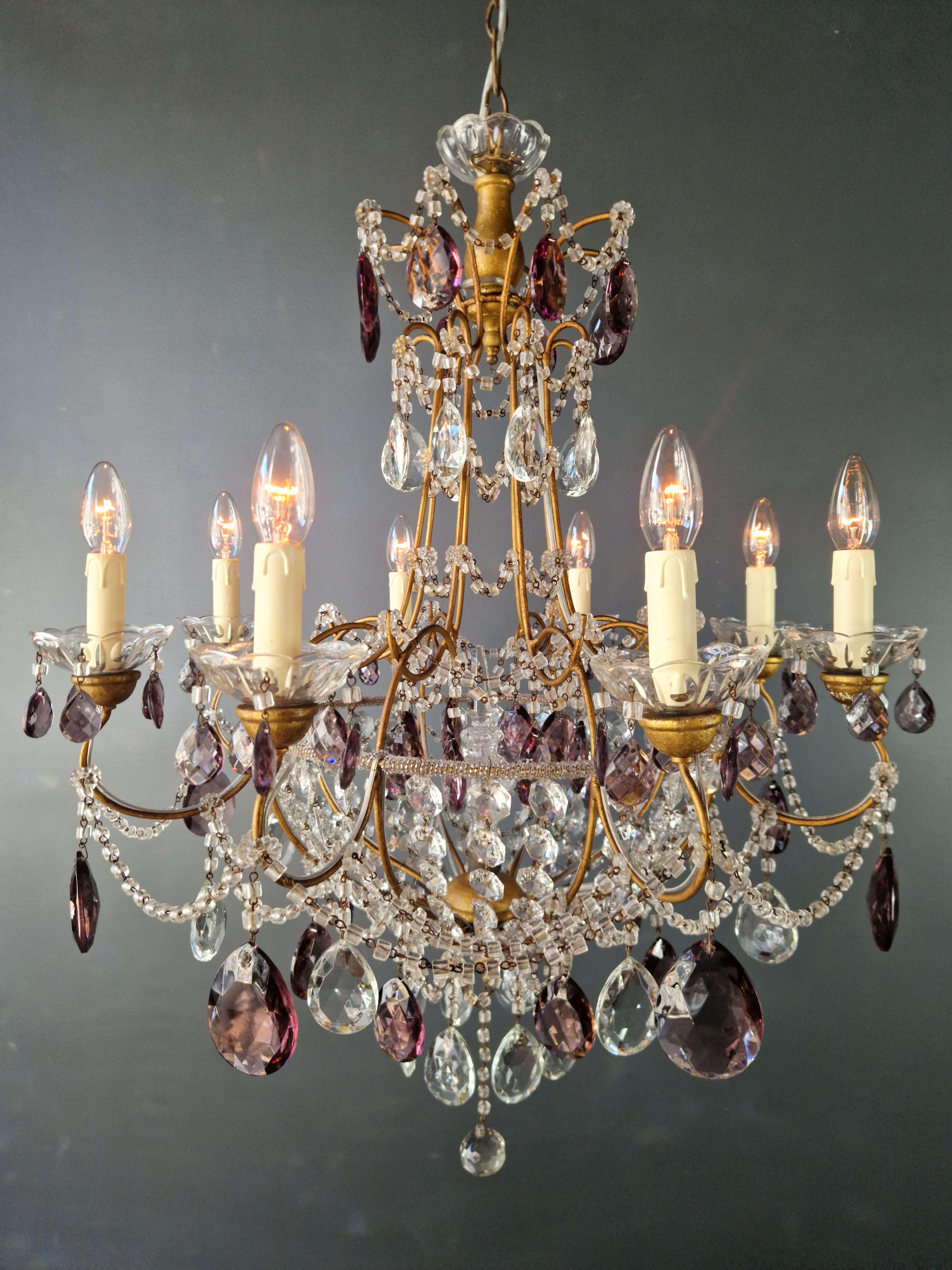 Mid-20th Century Candelabrum Purple Crystal Antique Chandelier Ceiling Lustre Art Nouveau For Sale