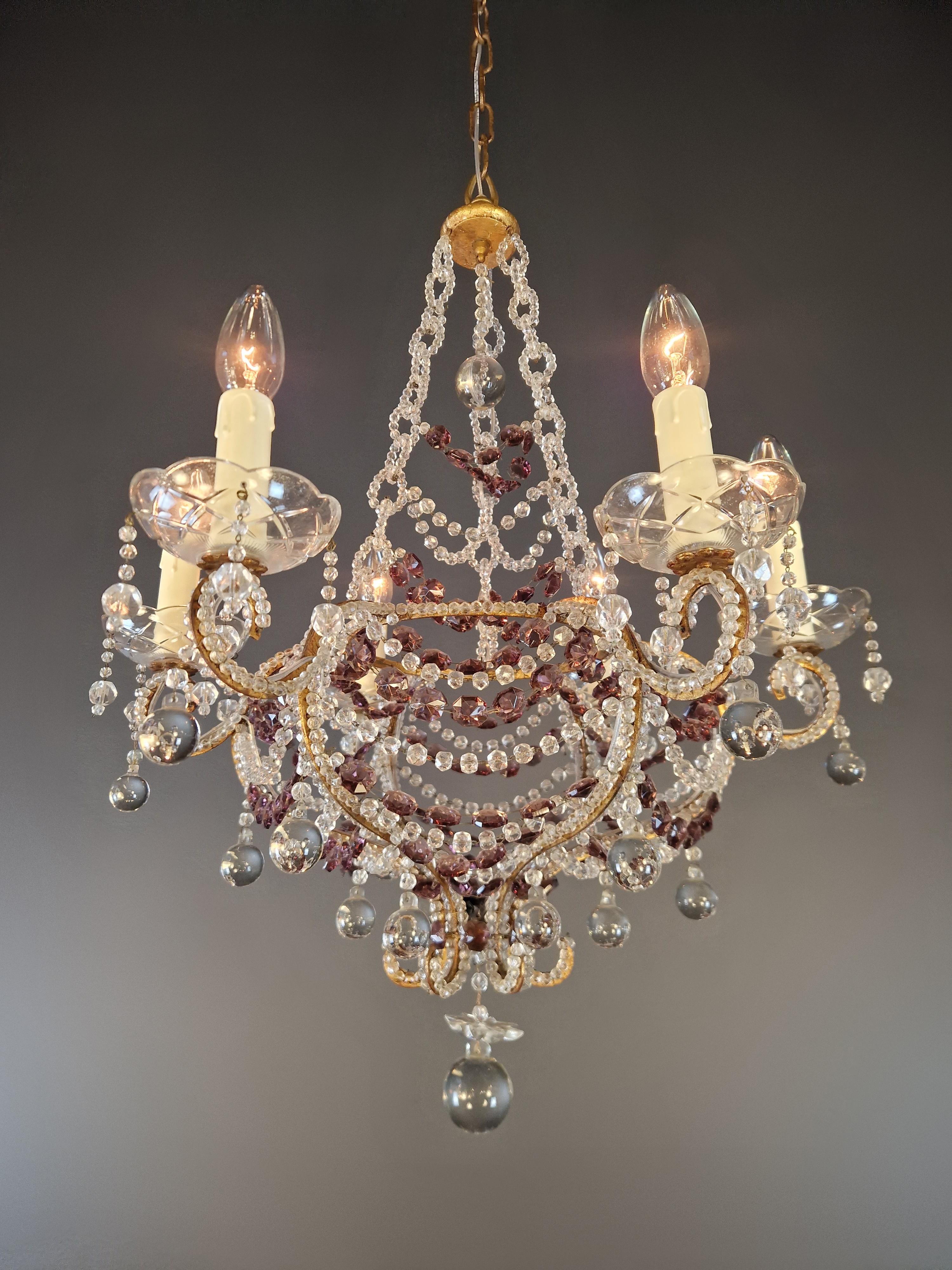 Milieu du XXe siècle Lustre à candélabre ancien en cristal violet lustre Art Nouveau en vente