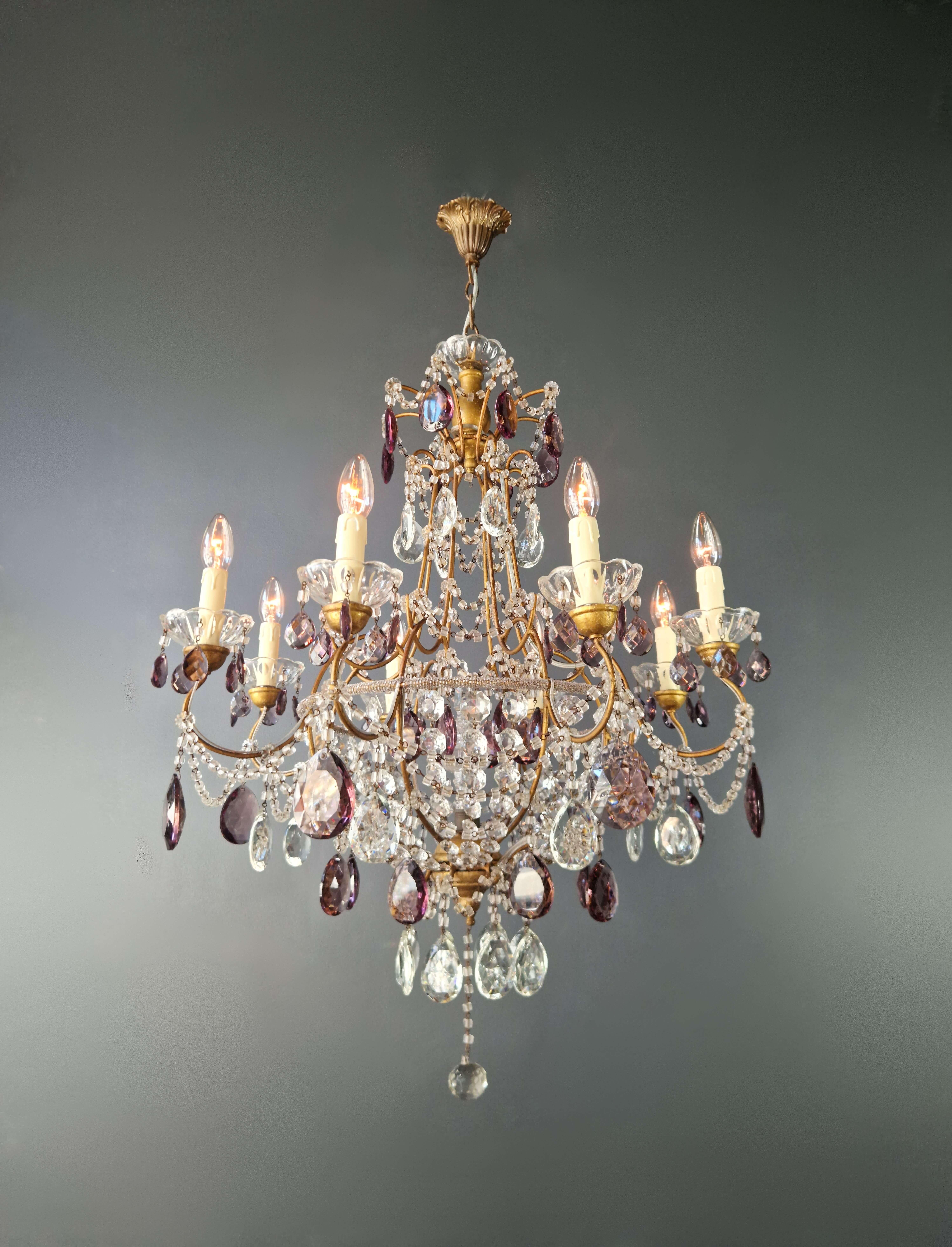 Brass Candelabrum Purple Crystal Antique Chandelier Ceiling Lustre Art Nouveau For Sale