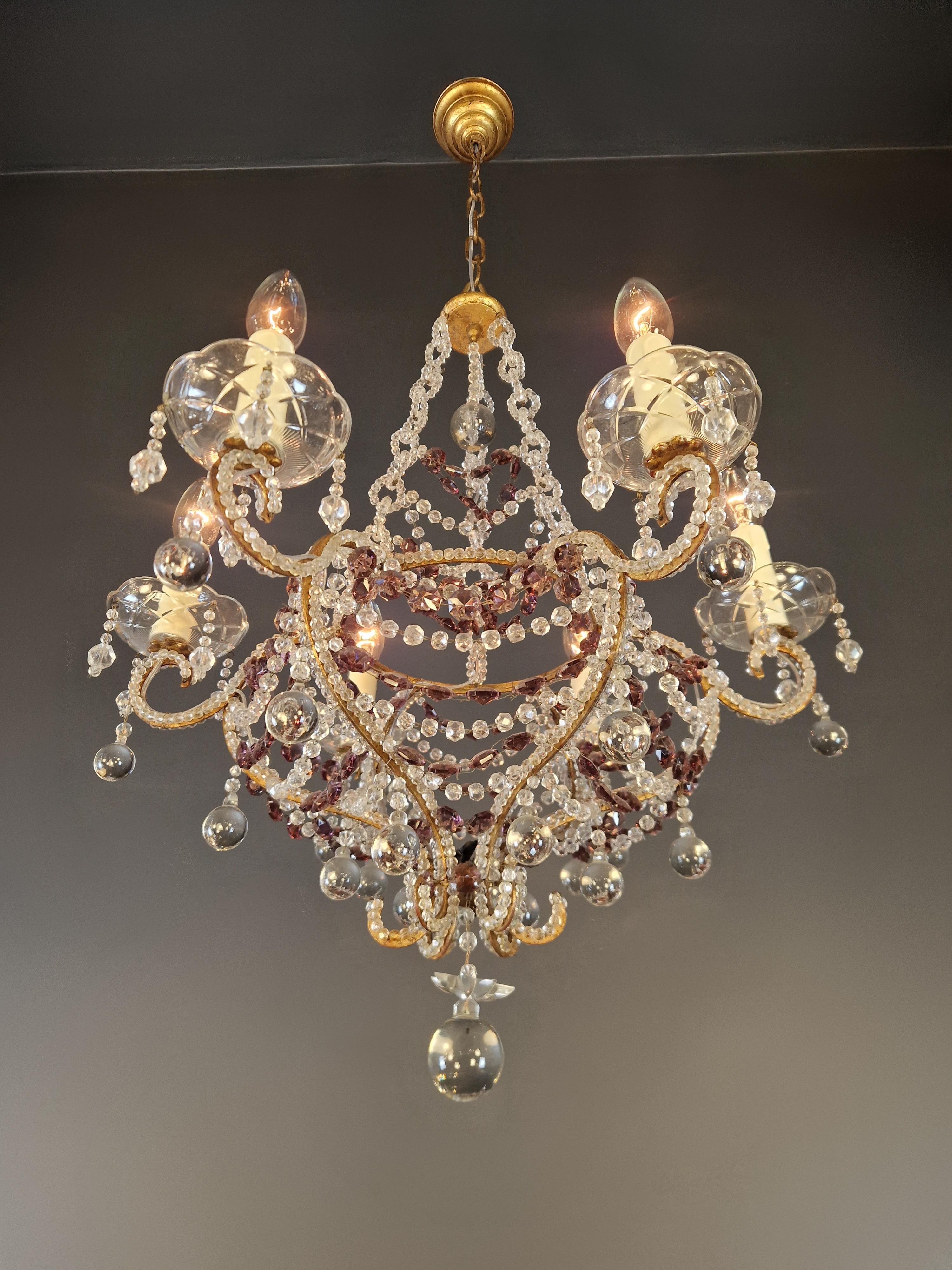 Laiton Lustre à candélabre ancien en cristal violet lustre Art Nouveau en vente