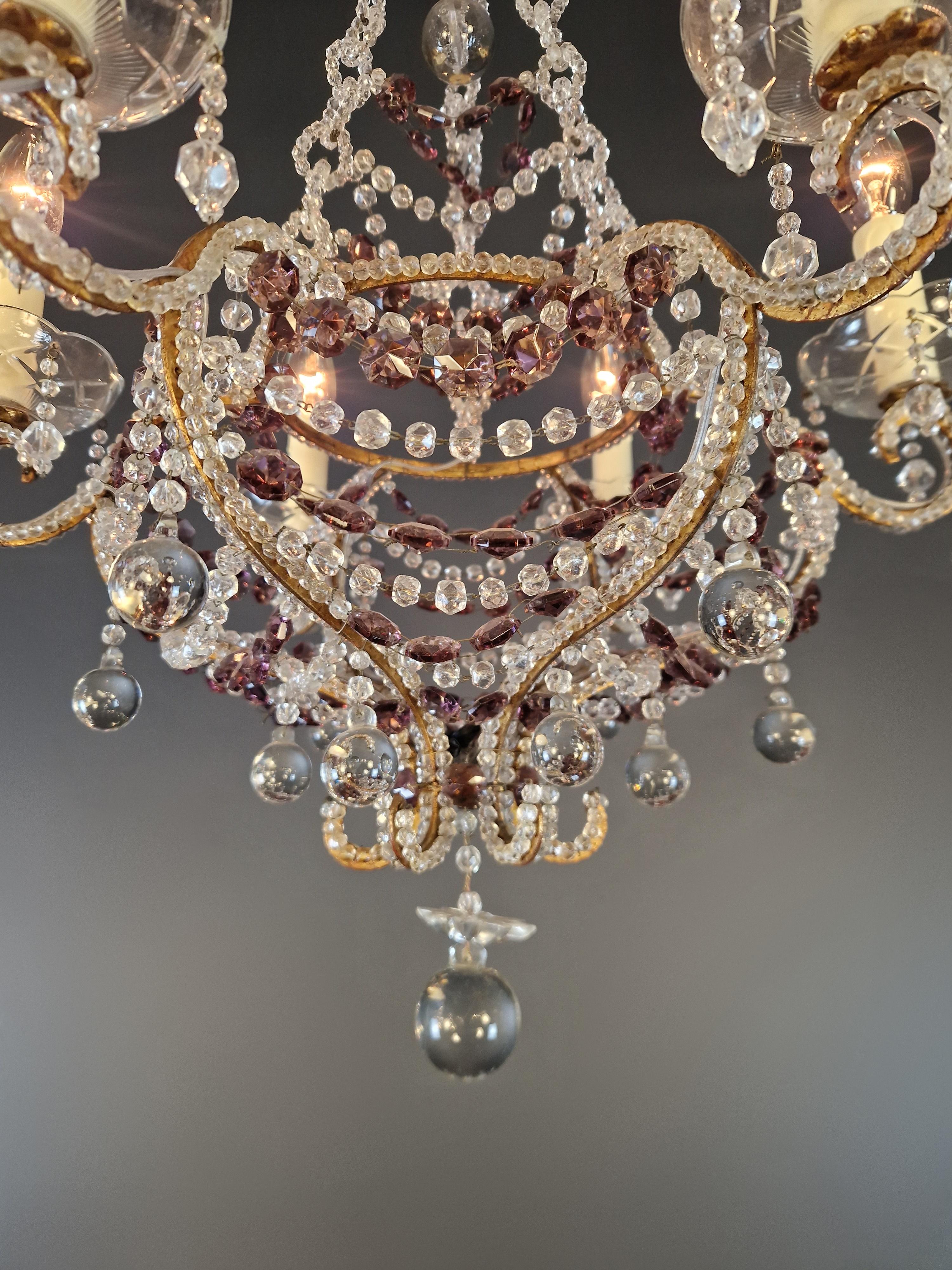 Lustre à candélabre ancien en cristal violet lustre Art Nouveau en vente 1