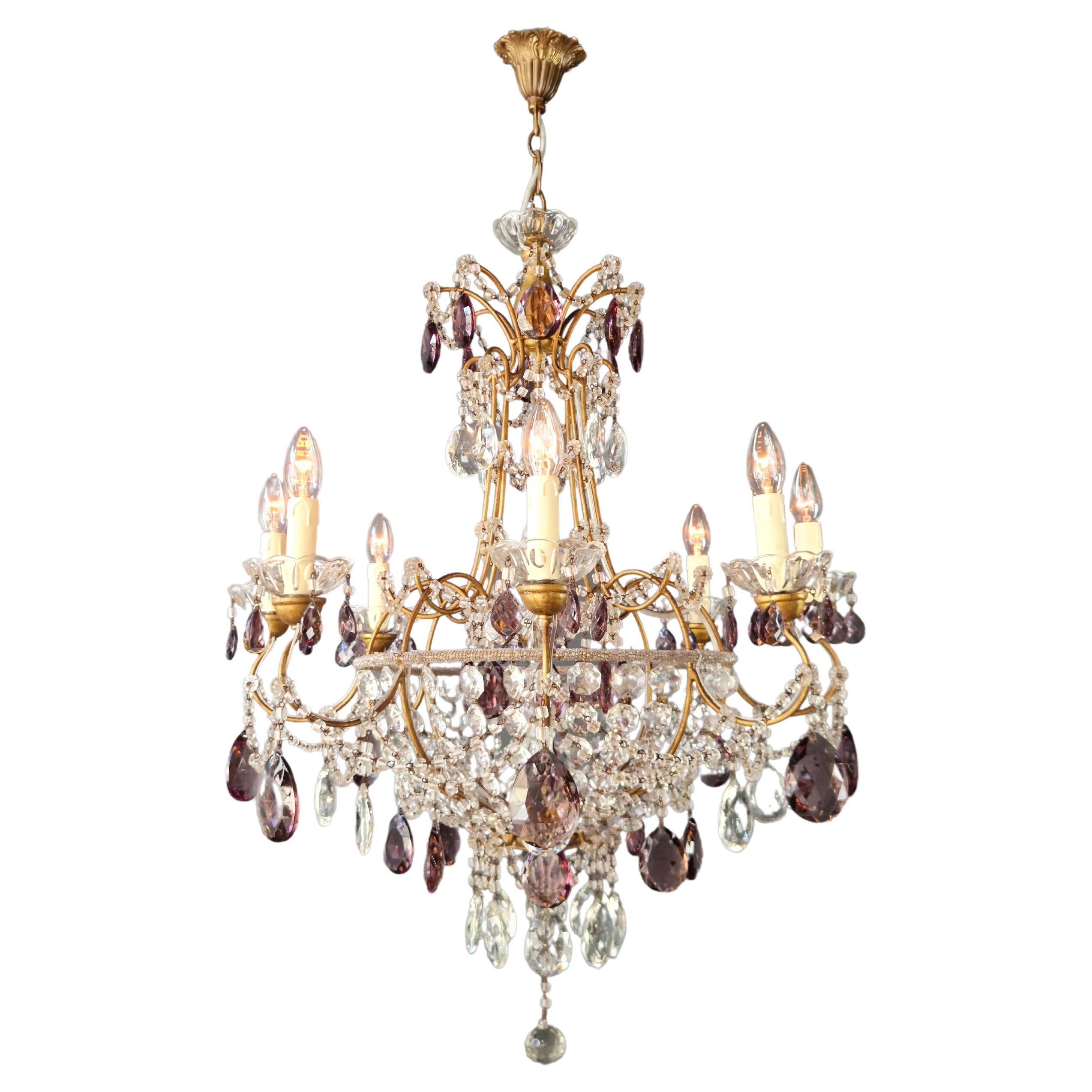 Candelabrum Purple Crystal Antique Chandelier Ceiling Lustre Art Nouveau For Sale
