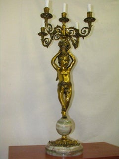Candelabrum with Rococo Putt, Gilded Bronze, Onyx