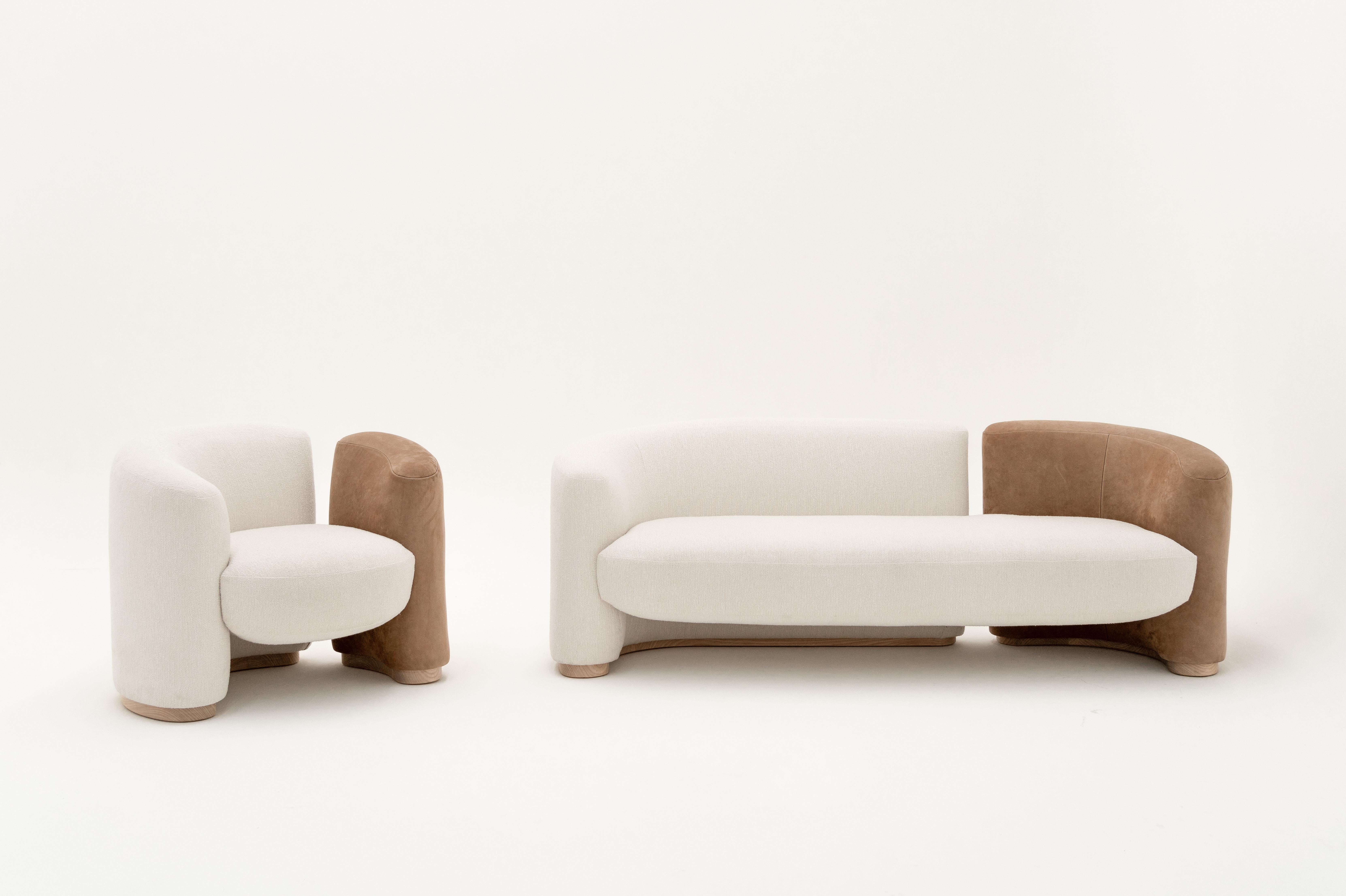 A conversational loveseat built by a unique assembly process of three separate elements, with a subtle visual effect intended to create a classic, but infinitely bold piece. Ad Hoc got inspired by the elegance and silhouette of the famous Mexican