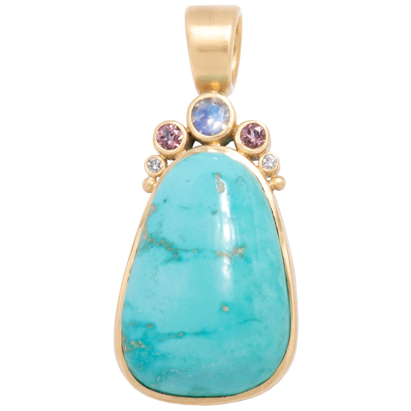 Candelaria Turquoise Cloud Pendant in 18 Karat Gold with Moonstone For Sale