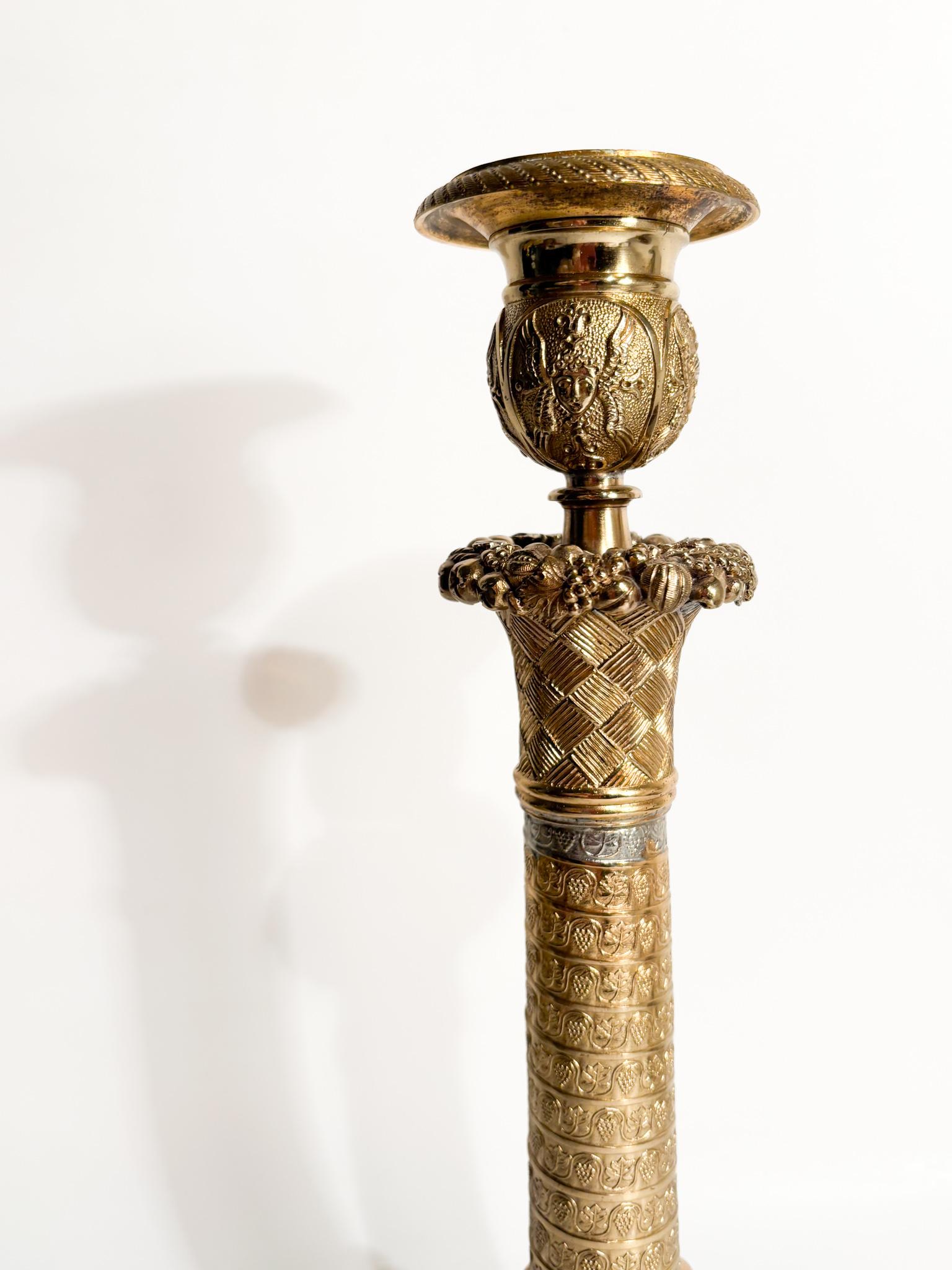 Baroque Revival Gilded Bronze Candlestick Worked in Relief 20th Century For Sale