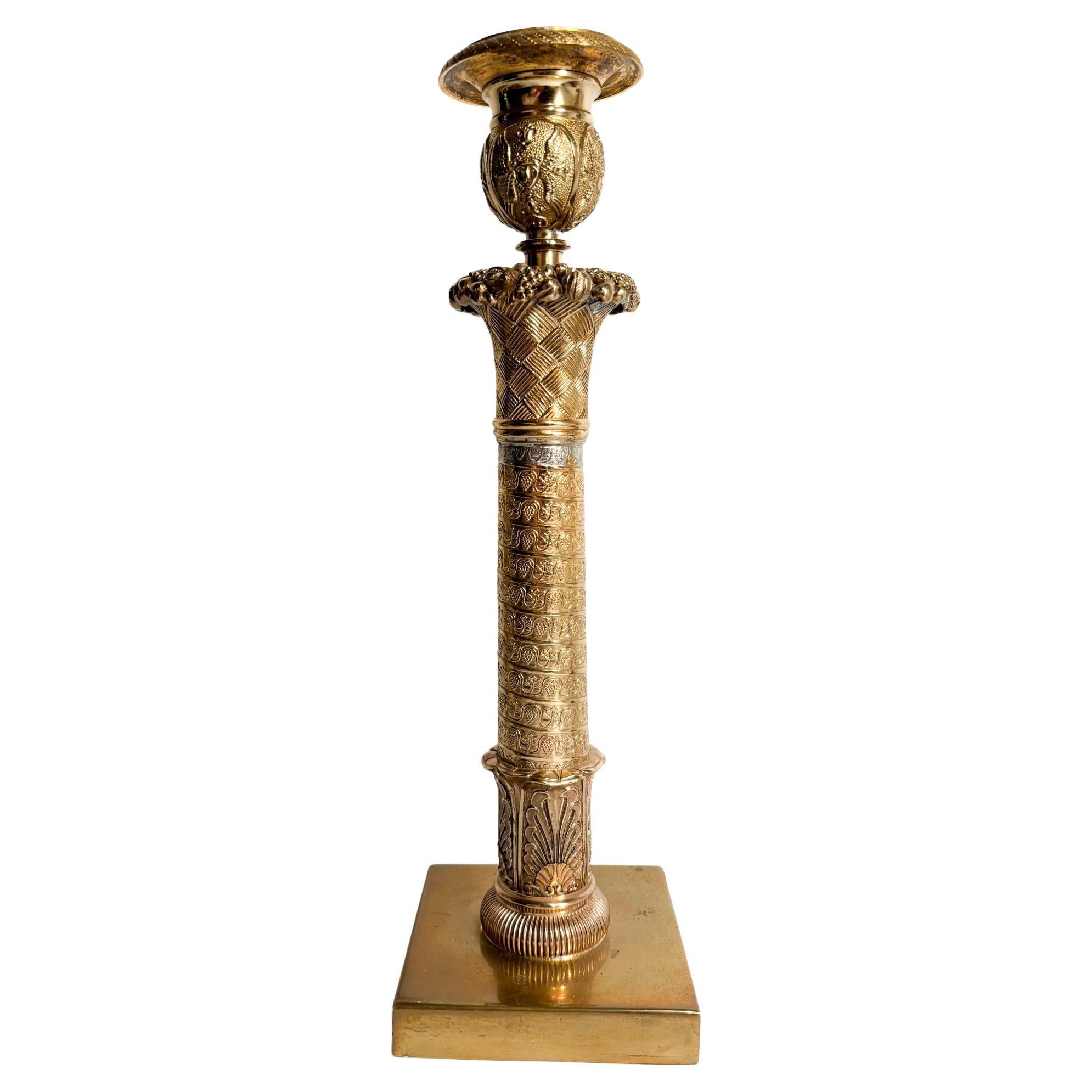 Gilded Bronze Candlestick Worked in Relief 20th Century
