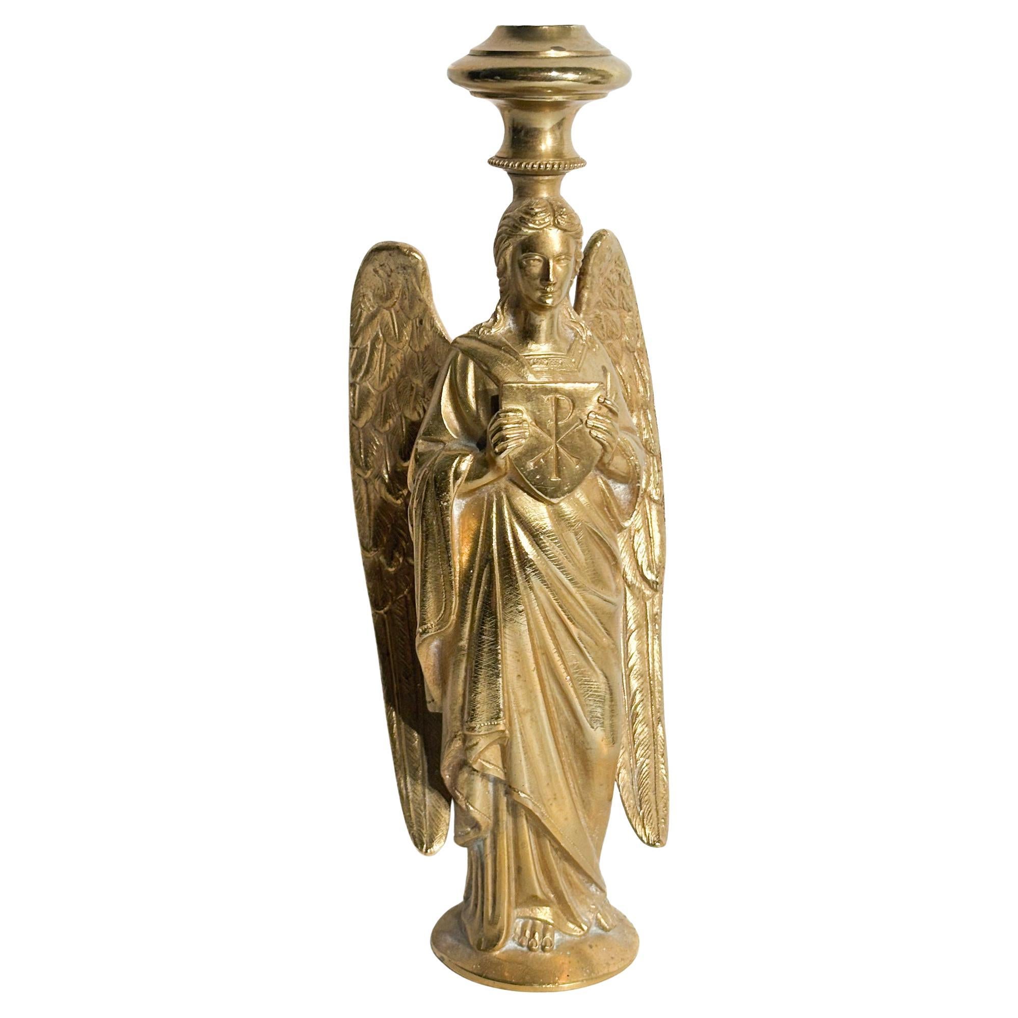 Single Candlestick with Angel in Gilded Bronze France 20th Century