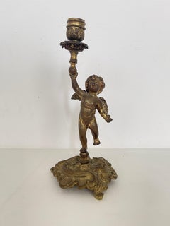Gilded Bronze Vintave Candlestick with Putto - Baroque Style